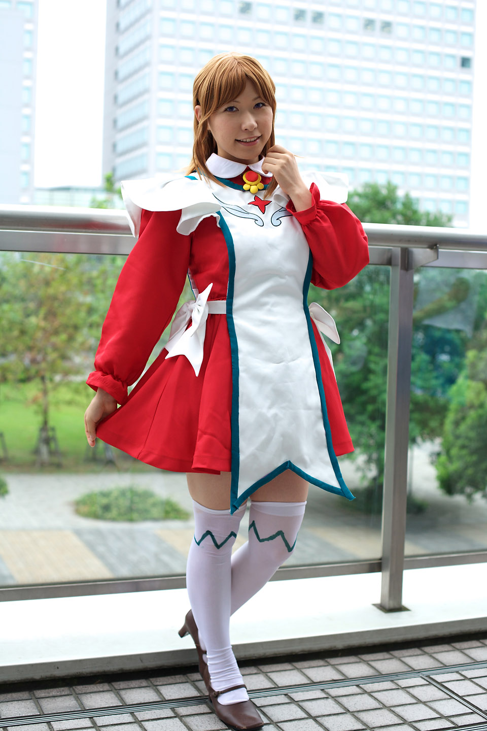chippi, miya clochette, my-otome, highres, photo (medium), 1girl, apron, asian, blurry, brown shoes, cosplay, depth of field, female focus, looking at viewer, maid, maid apron, miya clochette (cosplay), outdoors, school uniform, shoes, short hair, smile, solo, standing, thighhighs, white thighhighs, zettai ryouiki