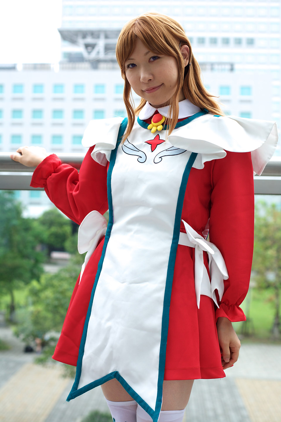 chippi, miya clochette, my-otome, highres, photo (medium), 1girl, apron, asian, blurry, cosplay, depth of field, female focus, looking at viewer, maid, maid apron, miya clochette (cosplay), outdoors, school uniform, short hair, solo, standing, thighhighs, white thighhighs, zettai ryouiki