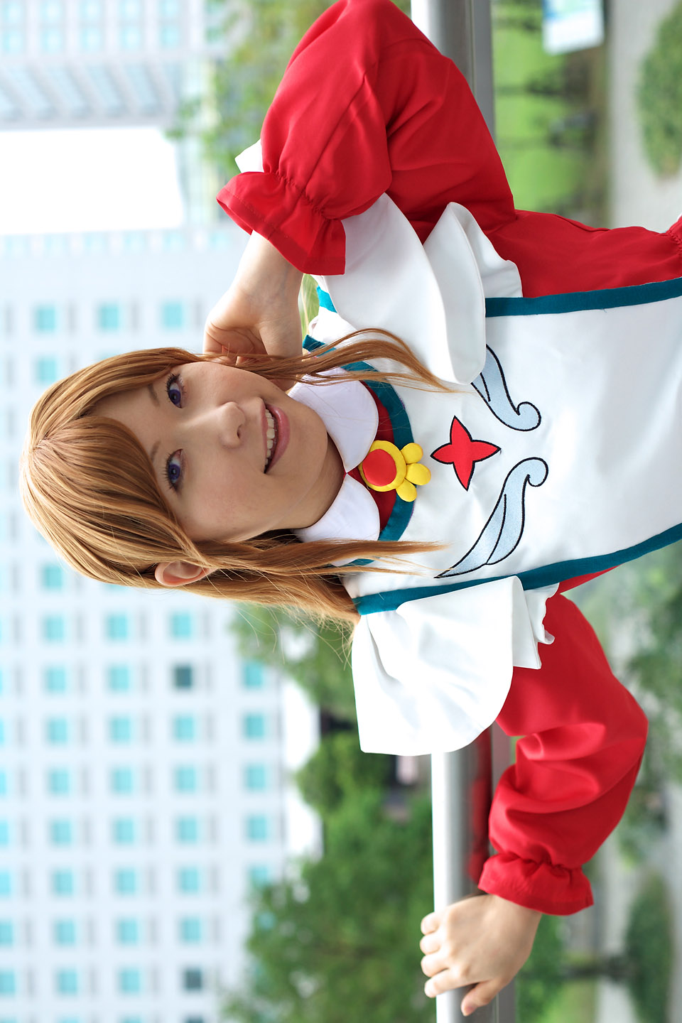 chippi, miya clochette, my-otome, highres, photo (medium), 1girl, apron, asian, blurry, cosplay, depth of field, female focus, looking at viewer, maid, maid apron, miya clochette (cosplay), outdoors, school uniform, short hair, sideways, smile, solo, standing