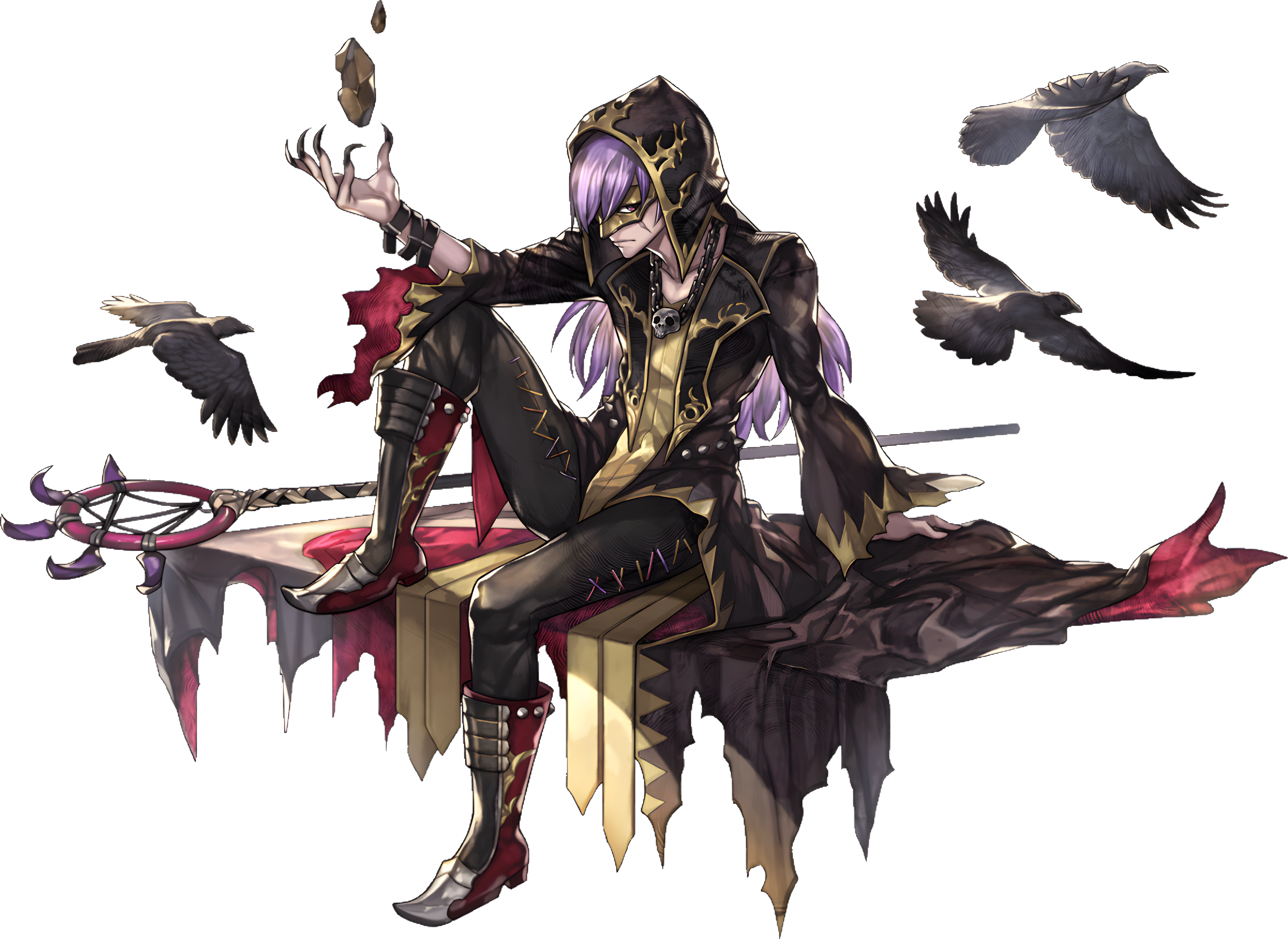 another eden, 1boy, black shirt, crows, purple hair, raven (another eden), red eyes, shirt