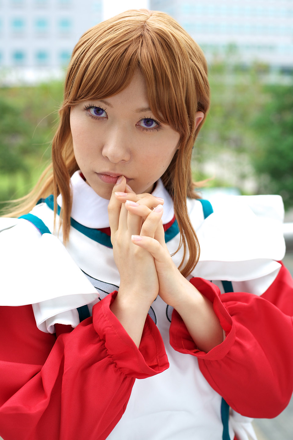chippi, miya clochette, my-otome, highres, photo (medium), 1girl, apron, asian, blurry, cosplay, depth of field, female focus, looking at viewer, maid, maid apron, miya clochette (cosplay), outdoors, school uniform, short hair, solo, standing