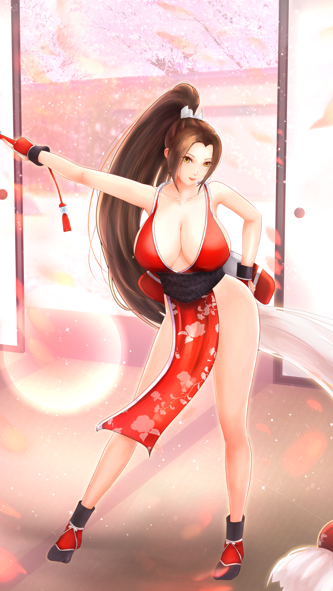 shiranui mai, fatal fury, 1girl, breasts, large breasts, long hair, smile