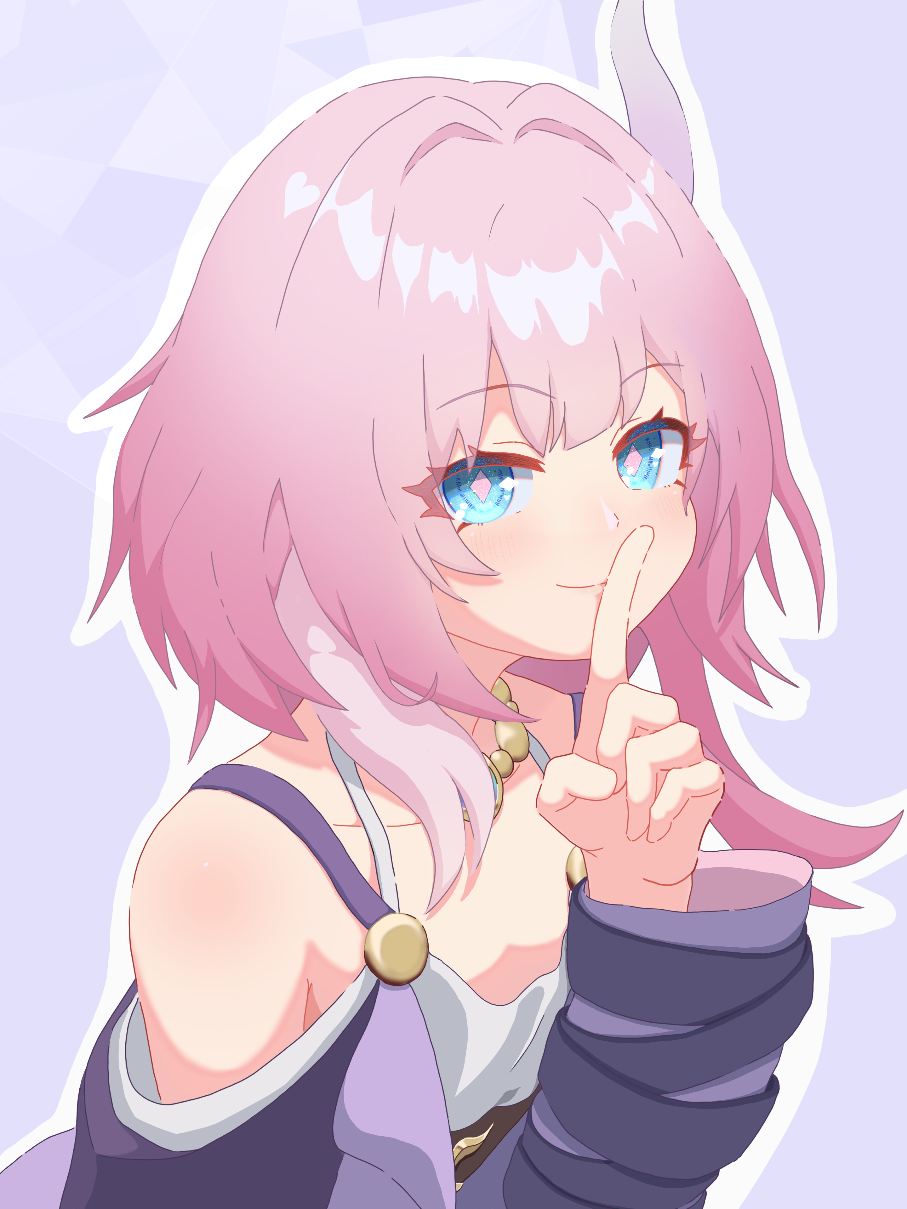 ayataka3655, cyrene (honkai: star rail), honkai: star rail, honkai (series), absurdres, highres, 1girl, bare shoulders, blue eyes, finger to mouth, hair intakes, hair ornament, hand up, index finger raised, long sleeves, looking at viewer, outline, pink hair, pink pupils, purple background, short hair, smile, solo, spaghetti strap, upper body, white outline
