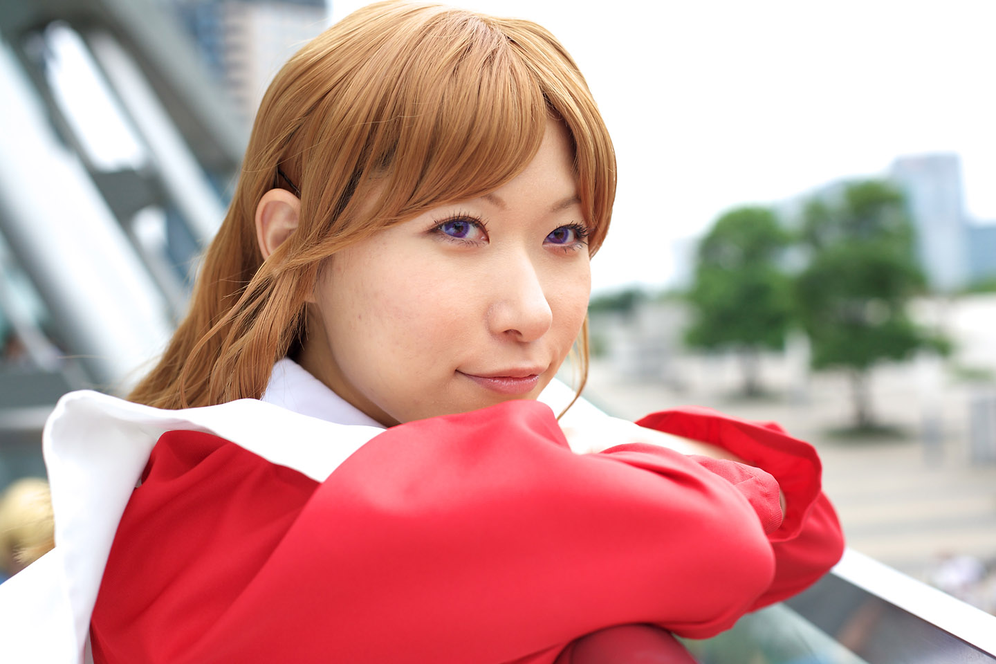 chippi, miya clochette, my-otome, photo (medium), 1girl, apron, asian, blurry, cosplay, depth of field, female focus, maid, maid apron, miya clochette (cosplay), outdoors, school uniform, short hair, solo, standing