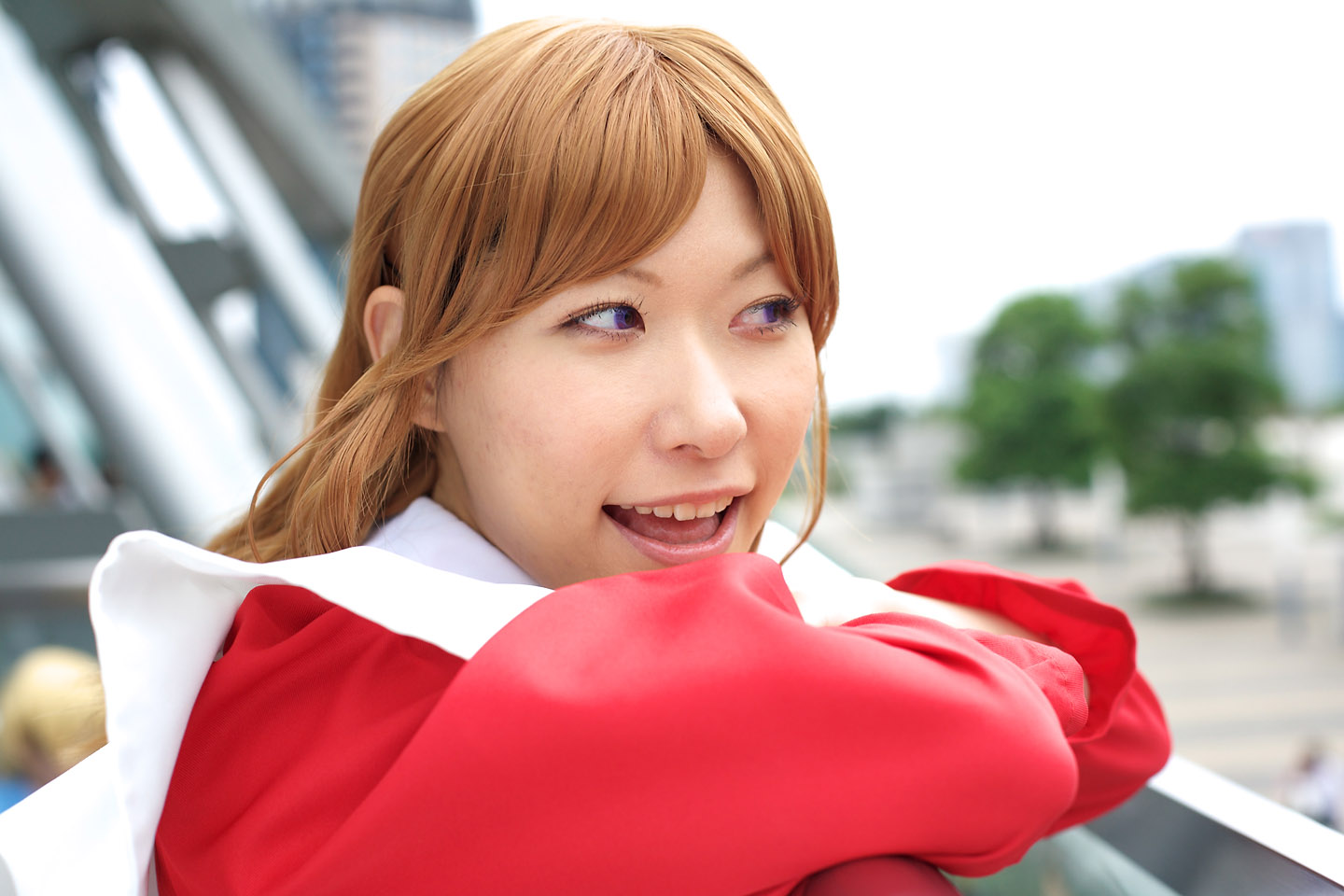 chippi, miya clochette, my-otome, photo (medium), 1girl, apron, asian, blurry, cosplay, depth of field, female focus, maid, maid apron, miya clochette (cosplay), outdoors, school uniform, short hair, solo, standing