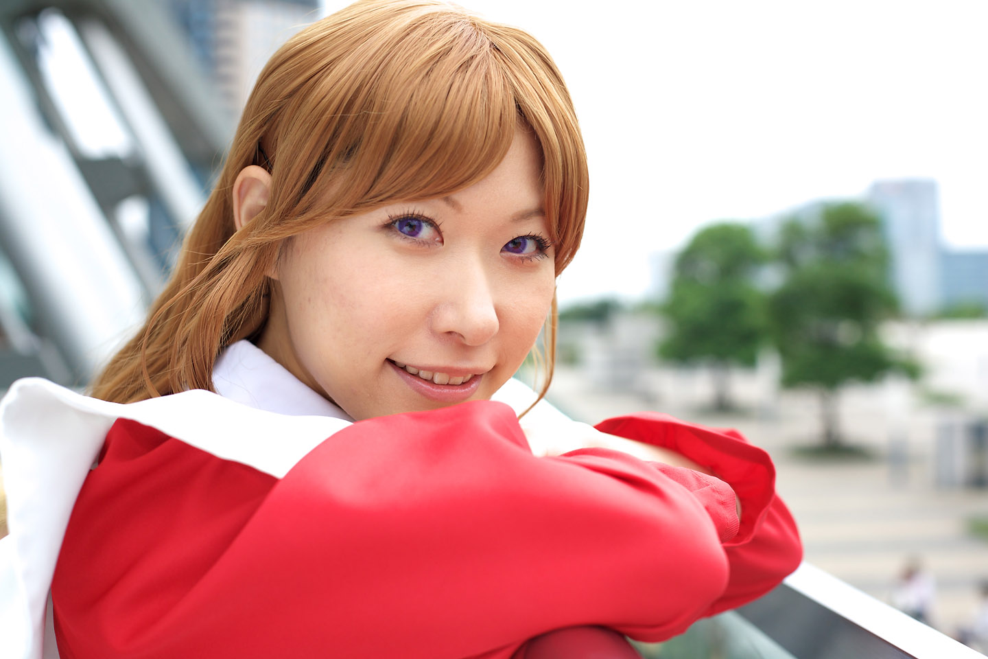 chippi, miya clochette, my-otome, photo (medium), 1girl, apron, asian, blurry, cosplay, depth of field, female focus, looking at viewer, maid, maid apron, miya clochette (cosplay), outdoors, school uniform, short hair, solo, standing