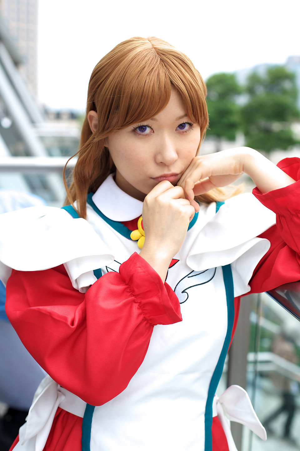 chippi, miya clochette, my-otome, highres, photo (medium), 1girl, apron, asian, blurry, cosplay, depth of field, female focus, looking at viewer, maid, maid apron, miya clochette (cosplay), outdoors, school uniform, short hair, solo, standing
