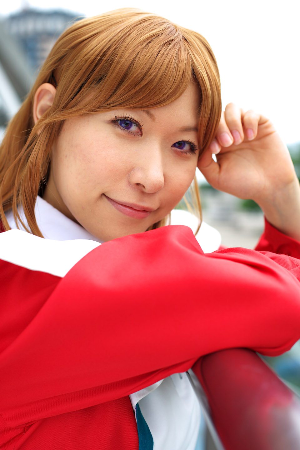 chippi, miya clochette, my-otome, highres, photo (medium), 1girl, apron, asian, blurry, cosplay, depth of field, female focus, looking at viewer, maid, maid apron, miya clochette (cosplay), outdoors, school uniform, short hair, solo, standing
