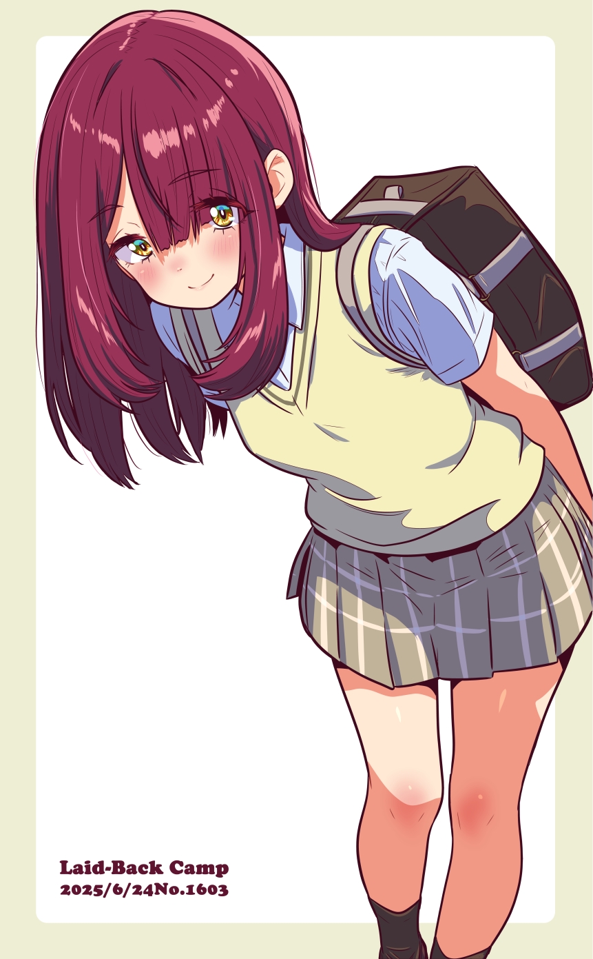 jagi (jagi souken), toki ayano, yurucamp, highres, 1girl, 2025, bag, black socks, blunt bangs, blush, border, closed mouth, collared shirt, copyright name, dated, grey border, grey skirt, leaning forward, long hair, miniskirt, nose blush, pleated skirt, red hair, school bag, school uniform, shirt, short sleeves, skirt, smile, socks, solo, standing, straight hair, sweater vest, white background, white shirt, wing collar, yellow eyes, yellow sweater vest