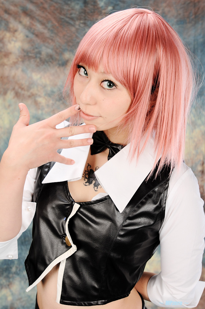 rio rollins, photo (medium), cosplay, midriff, pink hair, rakushou pachi-slot sengen 5, rurunyah