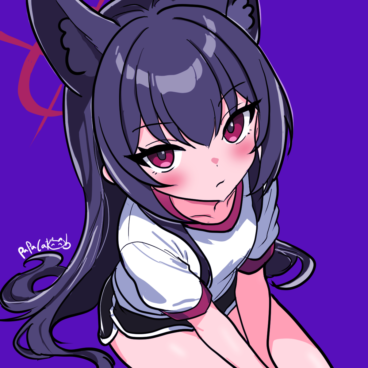 papacat, yukino (blue archive), blue archive, highres, 1girl, animal ear fluff, animal ears, black hair, black shorts, blush, cat ears, closed mouth, collarbone, dolphin shorts, from above, gym shirt, gym uniform, halo, long hair, looking at viewer, purple background, red eyes, red halo, shirt, short shorts, short sleeves, shorts, signature, sitting, solo, straight hair, very long hair, white shirt