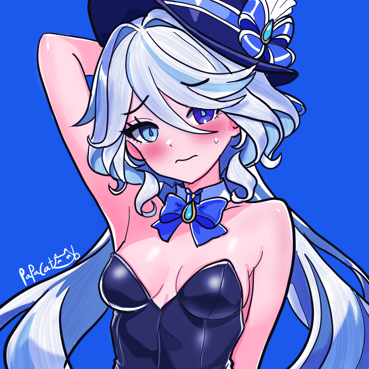 papacat, furina (genshin impact), genshin impact, highres, 1girl, alternate costume, arms up, blue background, blue bow, blue bowtie, blue eyes, blue hair, blue hat, blue leotard, blue pupils, blush, bow, bowtie, breasts, cleavage, collarbone, detached collar, drop-shaped pupils, embarrassed, hair between eyes, hat, hat bow, heterochromia, leotard, long hair, low twintails, mismatched pupils, signature, simple background, small breasts, solo, strapless, strapless leotard, sweatdrop, symbol-shaped pupils, twintails, upper body, very long hair