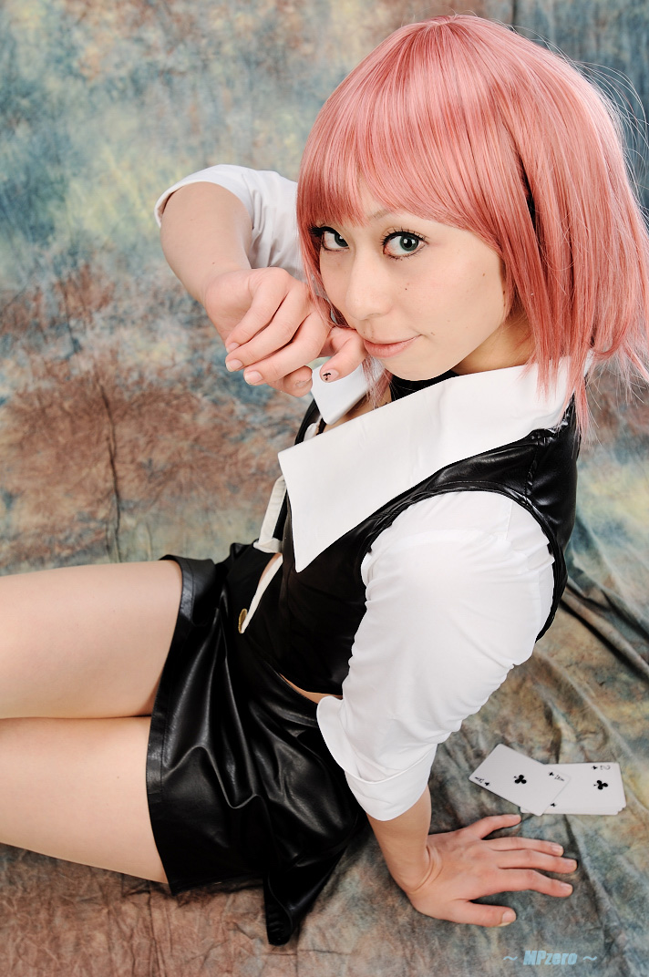 rio rollins, photo (medium), cosplay, midriff, pink hair, rakushou pachi-slot sengen 5, rurunyah