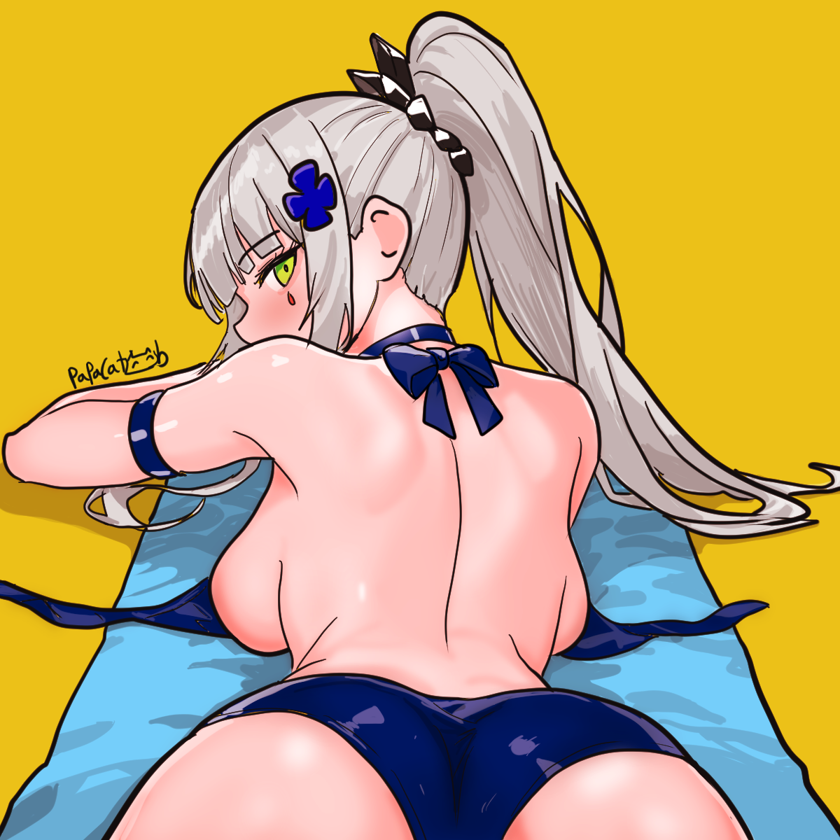 papacat, hk416 (girls' frontline), girls' frontline, highres, 1girl, ass, backboob, bare back, bikini, black outline, blue bikini, breast rest, breasts, from behind, green eyes, grey hair, high ponytail, looking at viewer, looking back, lying, medium breasts, on stomach, outline, ponytail, sidelocks, signature, solo, swimsuit, untied bikini top, yellow background