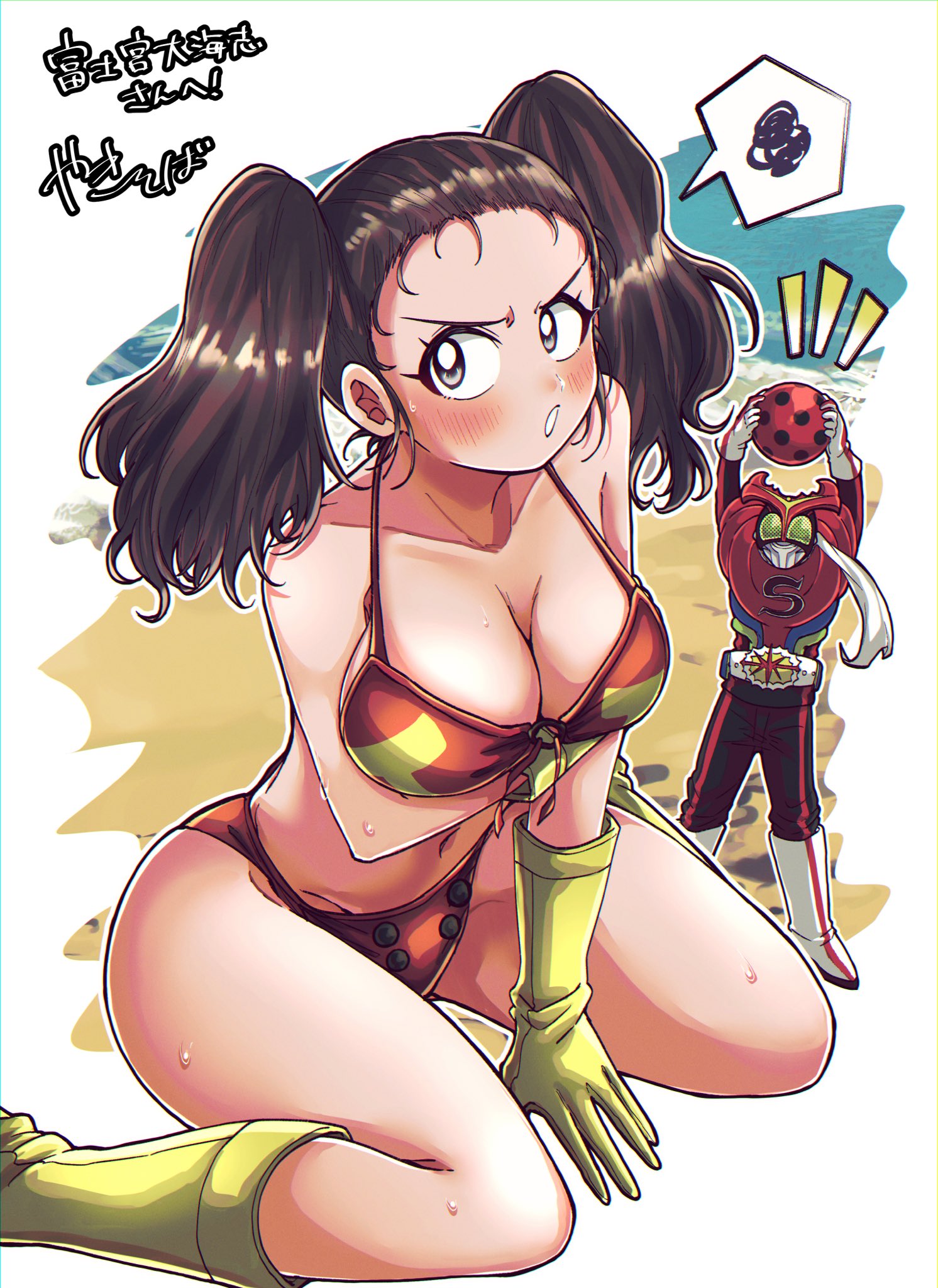 otyumamii, electro wave human tackle, kamen rider stronger, misaki yuriko, kamen rider, kamen rider stronger (series), commentary request, commission, highres, skeb commission, translation request, 1boy, 1girl, arm under breasts, arms up, ball, beach, beachball, bikini, black bodysuit, bodysuit, boots, breasts, brown hair, cleavage, compound eyes, electrer, gloves, grey eyes, hair pulled back, helmet, hip bones, holding, holding ball, large breasts, navel, o-ring, o-ring bikini, open mouth, red bikini, red trim, rider belt, scarf, sitting, speech bubble, spoken squiggle, squiggle, sweat, sweatdrop, swimsuit, tokusatsu, twintails, wariza, white gloves, white scarf, yellow boots, yellow gloves, yellow trim