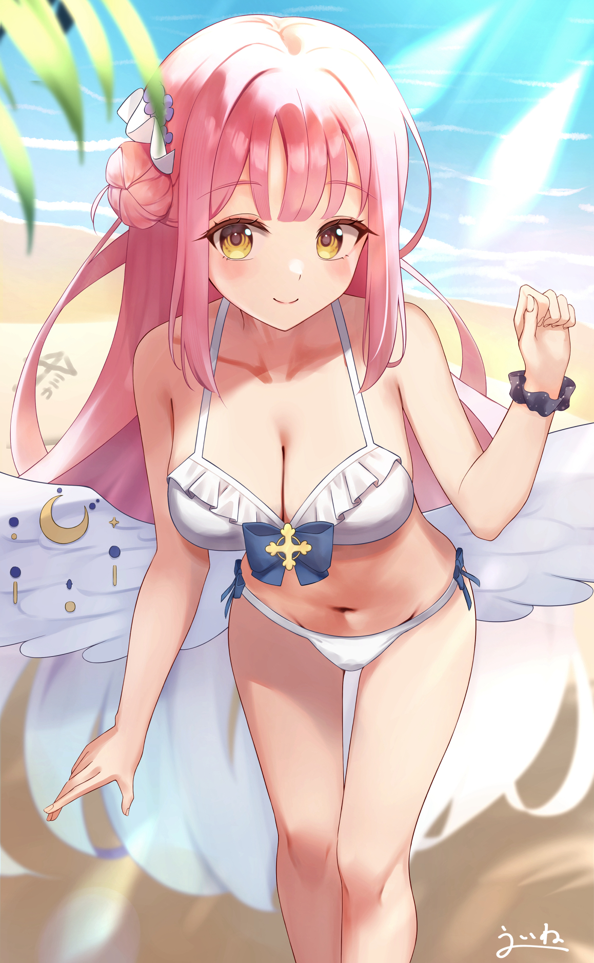 uine (bobhairshuki), mika (blue archive), blue archive, highres, 1girl, angel wings, bare shoulders, bikini, blush, breasts, cleavage, closed mouth, collarbone, feathered wings, flower, frilled bikini, frills, hair bun, hair flower, hair ornament, long hair, low wings, navel, pink hair, scrunchie, signature, single hair bun, single side bun, smile, solo, stomach, swimsuit, very long hair, white bikini, white wings, wing ornament, wings, wrist scrunchie, yellow eyes