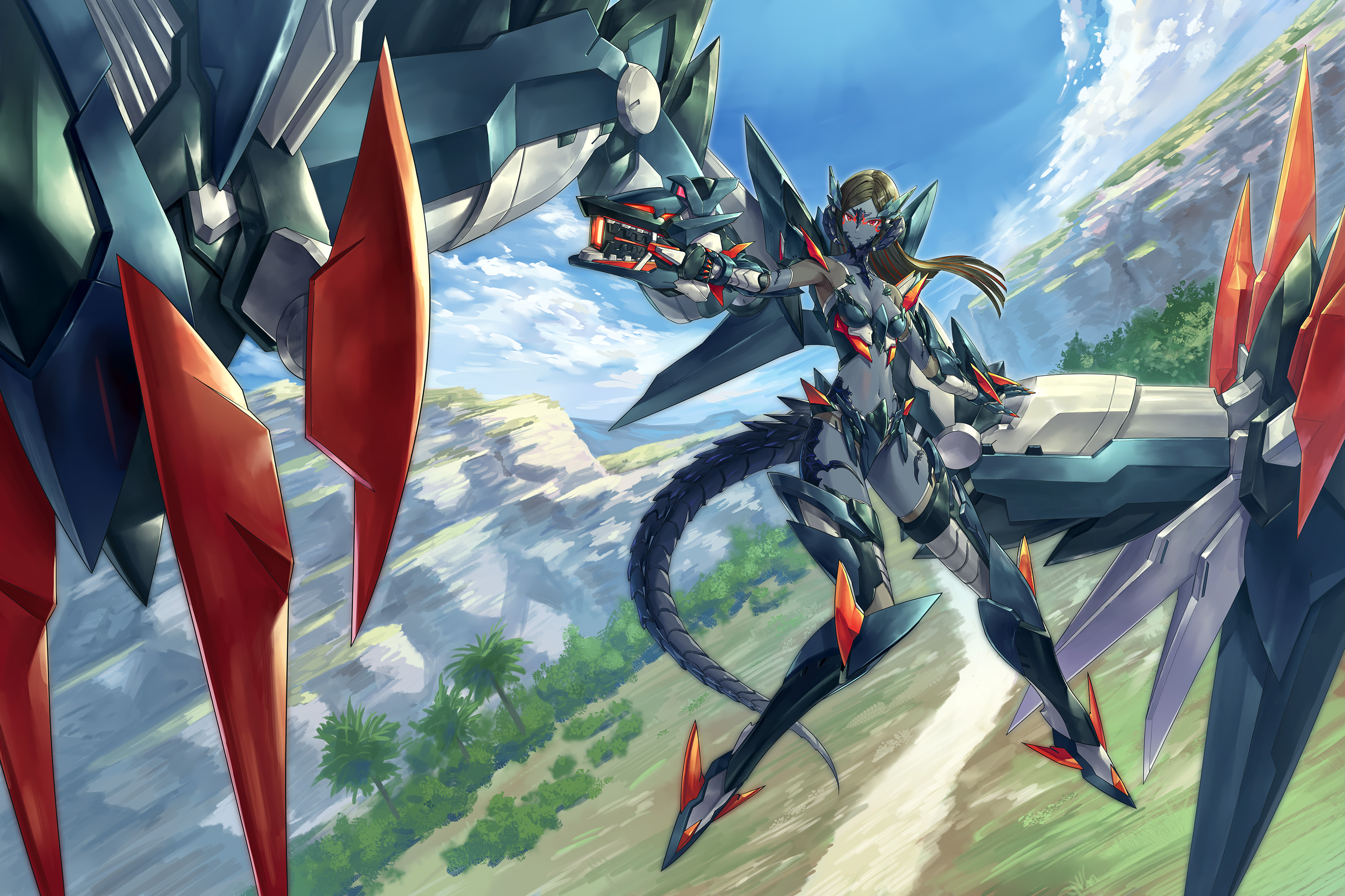mytea (soso), original, commission, highres, skeb commission, 1girl, armor, black hair, breasts, cliff, dragon girl, dragon horns, dragon tail, flying, forest, gauntlets, grey hair, gun, holding, holding gun, holding weapon, horns, mecha musume, nature, navel, red eyes, small breasts, solo, tail, thighhighs, tree, weapon