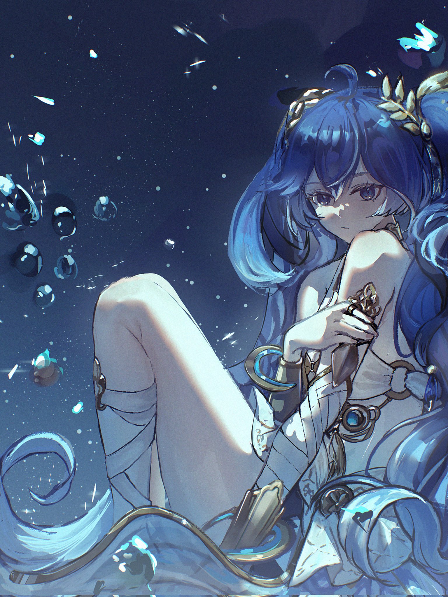 minglu (gululu), iuno (wuthering waves), wuthering waves, commentary, highres, symbol-only commentary, 1girl, ahoge, bare shoulders, blue eyes, blue hair, closed mouth, from side, gradient hair, hair between eyes, head wreath, leg wrap, long hair, looking at viewer, looking to the side, multicolored hair, sitting, solo, thighs, very long hair