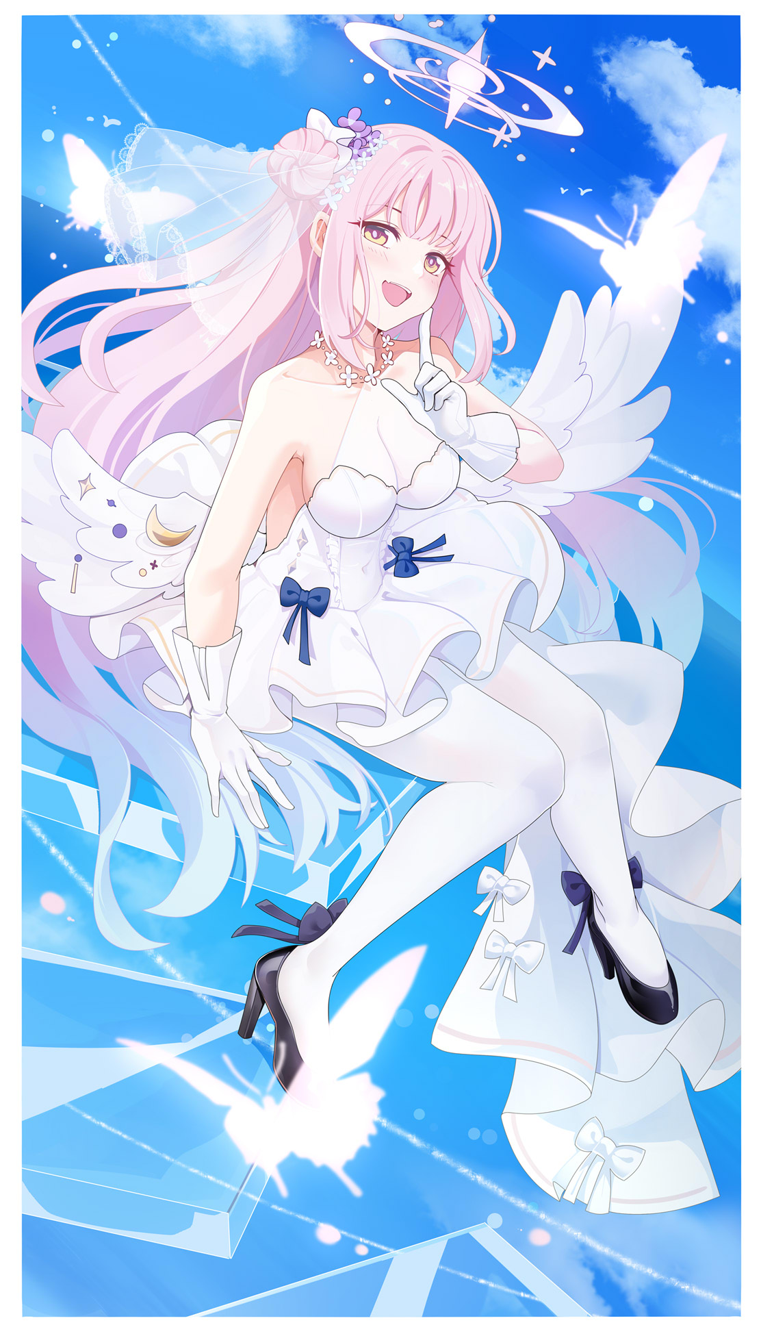 qingye ling, mika (blue archive), blue archive, highres, 1girl, alternate costume, angel wings, aqua hair, blush, breasts, cleavage, collarbone, dress, feathered wings, flower, gloves, gradient hair, hair bun, hair flower, hair ornament, halo, high heels, long hair, looking at viewer, low wings, medium breasts, multicolored hair, open mouth, pantyhose, pink hair, pink halo, single hair bun, single side bun, sleeveless, sleeveless dress, smile, very long hair, white dress, white gloves, white pantyhose, white wings, wing ornament, wings, yellow eyes