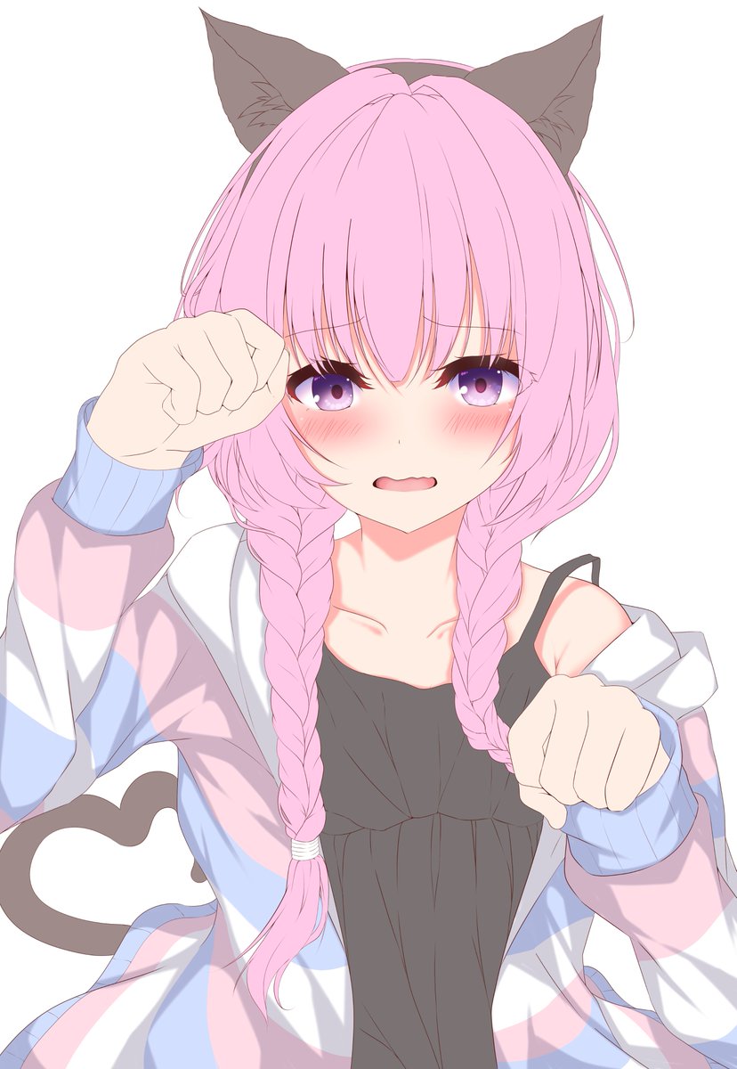 koyo aki (vtvd5277), mitsukasa ayase, riddle joker, commentary request, highres, 1girl, animal ear fluff, animal ear hairband, animal ears, black camisole, black hairband, blush, braid, camisole, cat ears, cat tail, collarbone, embarrassed, eyelashes, eyes visible through hair, fake animal ears, fake tail, hair between eyes, hair intakes, hairband, heart, heart tail, hood, hood up, jacket, long hair, looking at viewer, low twintails, official alternate costume, official alternate hairstyle, open clothes, open jacket, open mouth, paw pose, pink hair, purple eyes, simple background, sleeves past wrists, solo, striped clothes, striped jacket, tail, twin braids, twintails, upper body, wavy mouth, white background