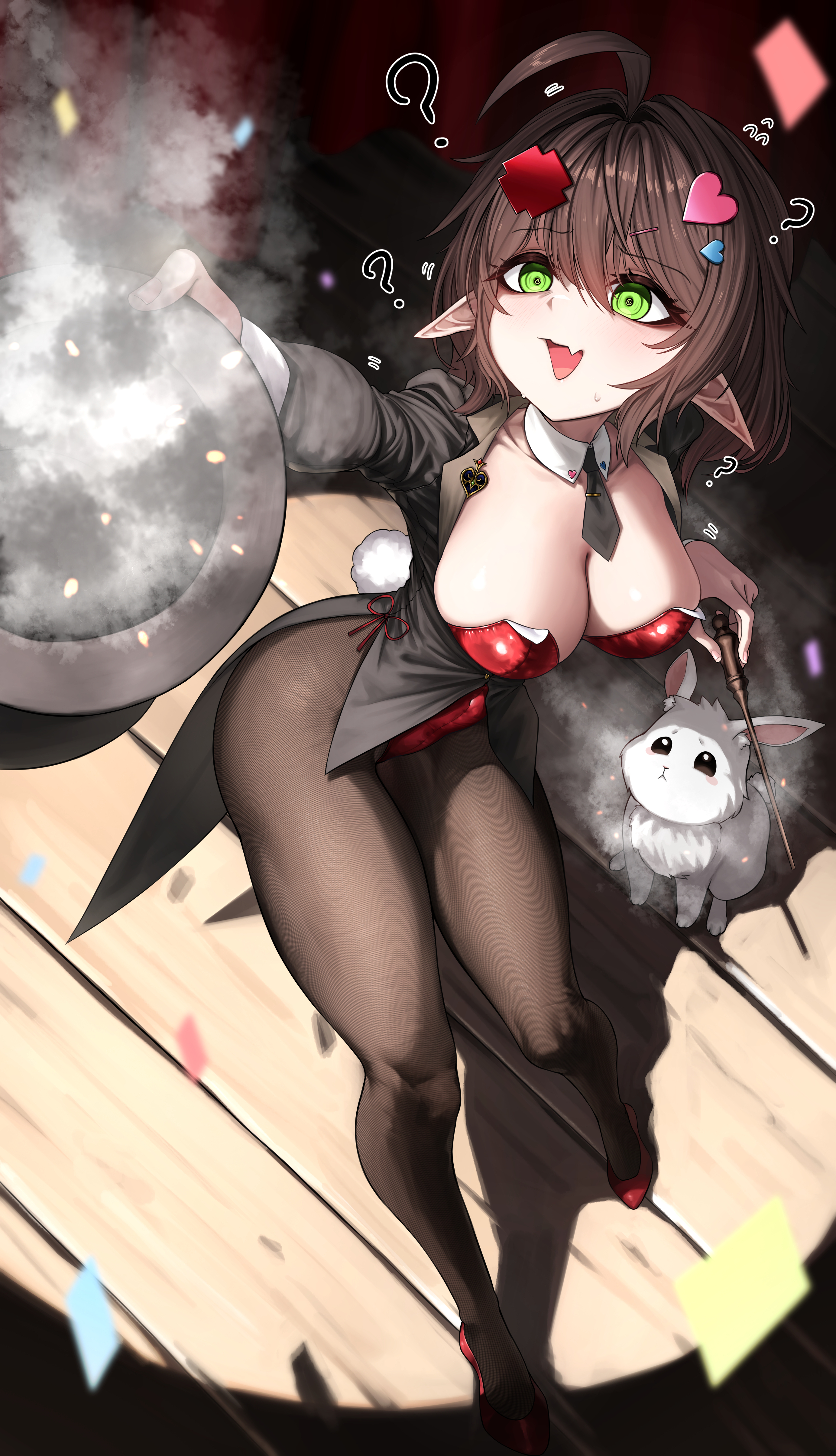 tkl, original, absurdres, commission, highres, 1girl, ?, ahoge, black coat, breasts, brown hair, brown pantyhose, cleavage, coat, detached collar, elf (butam), fake tail, fang, green eyes, hair ornament, hat, heart, heart hair ornament, holding, holding unworn clothes, holding unworn hat, holding wand, large breasts, leotard, long sleeves, looking up, medium hair, necktie, open mouth, pantyhose, pointy ears, rabbit, rabbit tail, red leotard, short necktie, smile, solo, standing, strapless, strapless leotard, tail, tailcoat, top hat, unworn hat, unworn headwear, wand