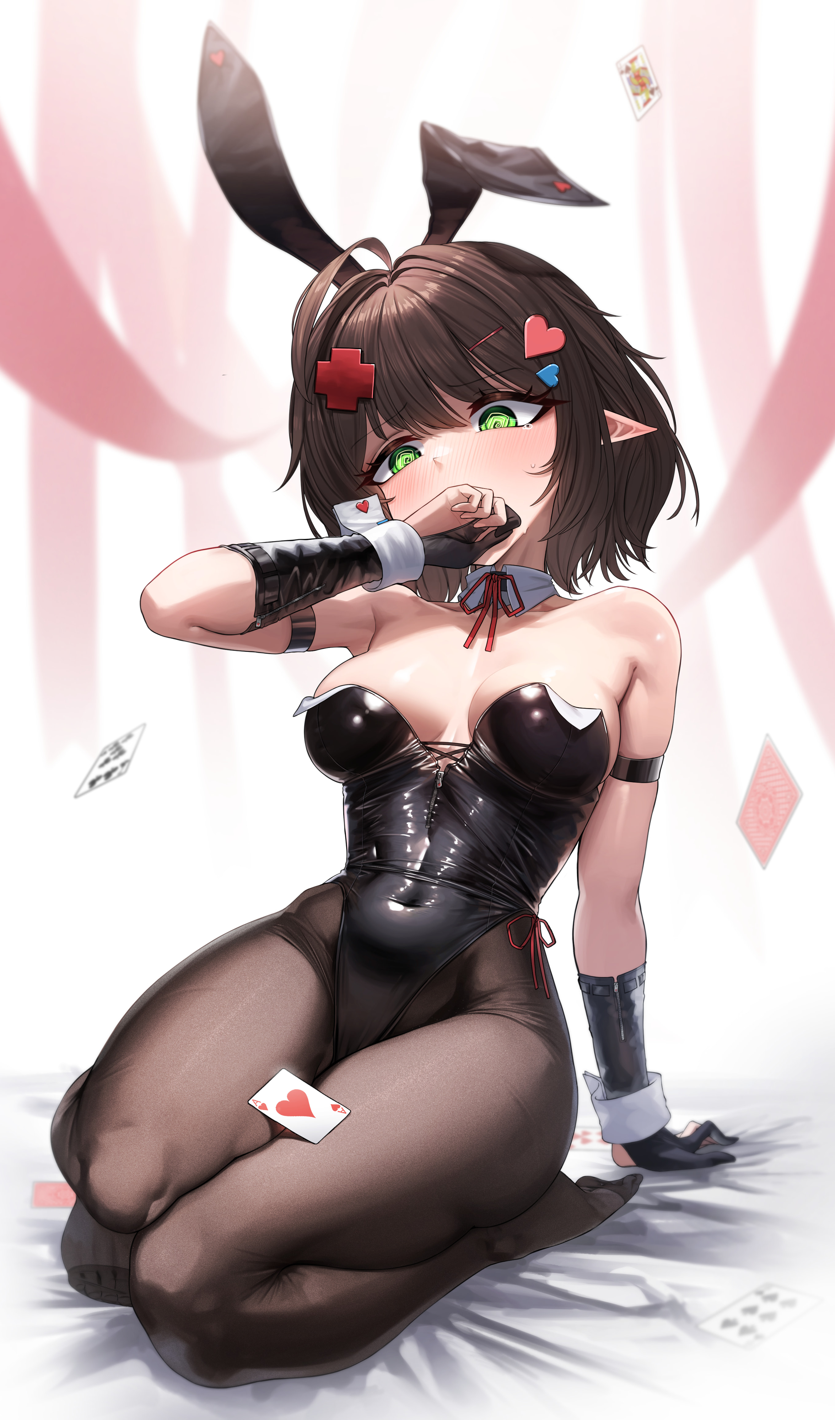 tkl, original, absurdres, commission, highres, 1girl, animal ears, arm strap, armpits, bare shoulders, black leotard, breasts, brown hair, brown pantyhose, card, covered navel, covering own mouth, detached collar, elf, elf (butam), fake animal ears, frown, gloves, green eyes, hand up, highleg, highleg leotard, leotard, medium breasts, no shoes, pantyhose, partially fingerless gloves, playboy bunny, playing card, pointy ears, rabbit ears, seiza, short hair, sitting, solo, strapless, strapless leotard, uneven eyes