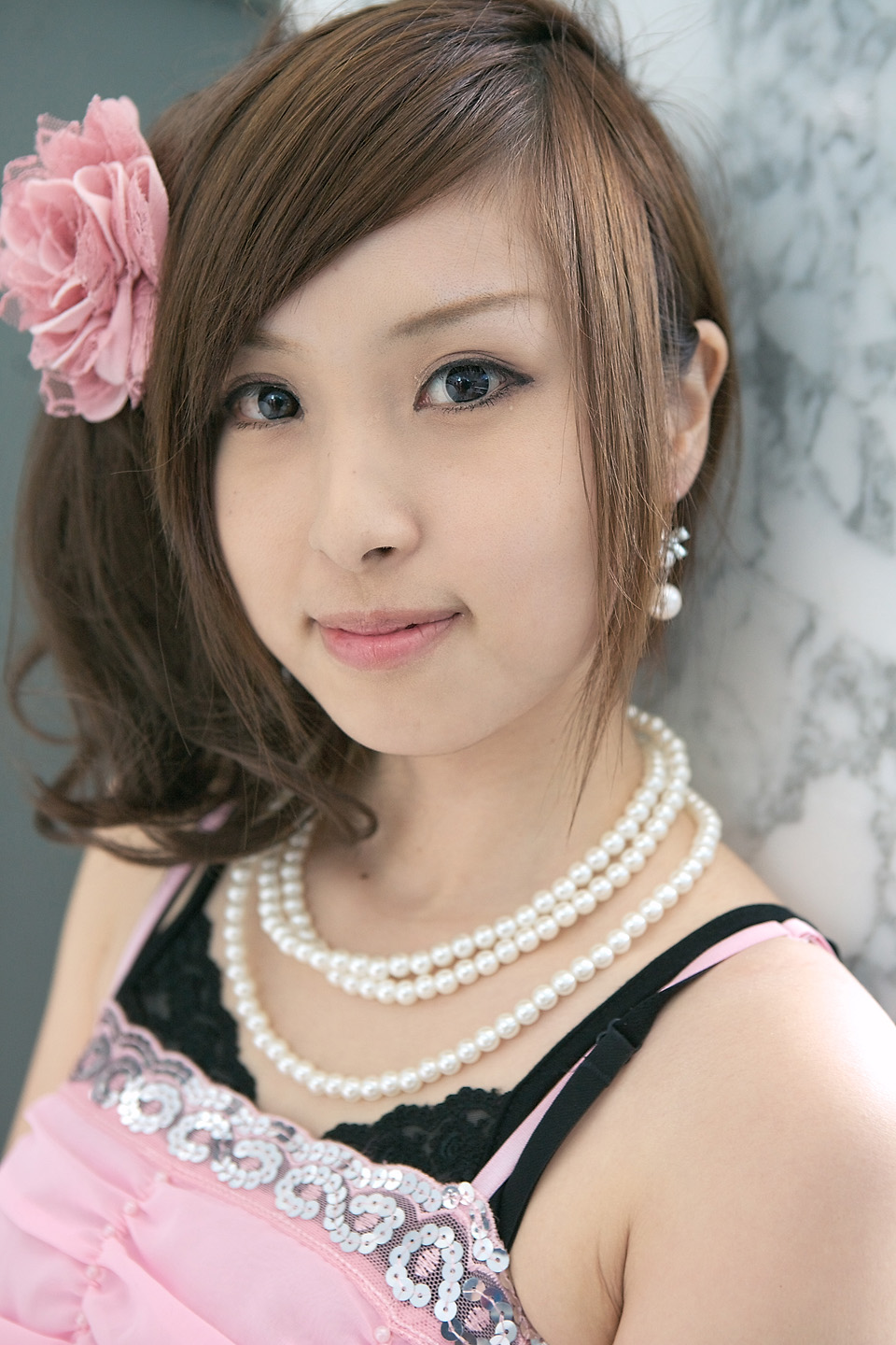 character request, highres, photo (medium), source request, bra, cosplay, dress, ebina yuki, flower, jewelry, lingerie, necklace, pearl necklace, underwear