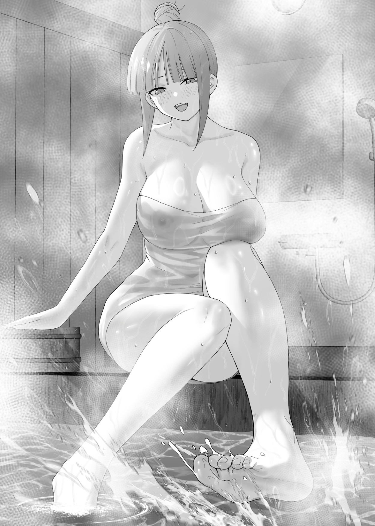 kosmos beta, nakano nino, go-toubun no hanayome, highres, 1girl, bare shoulders, bathroom, breasts, cleavage, collarbone, covered erect nipples, feet, greyscale, hair bun, large breasts, monochrome, naked towel, nipples, see-through towel, sidelocks, smile, thighs, towel, water, wet