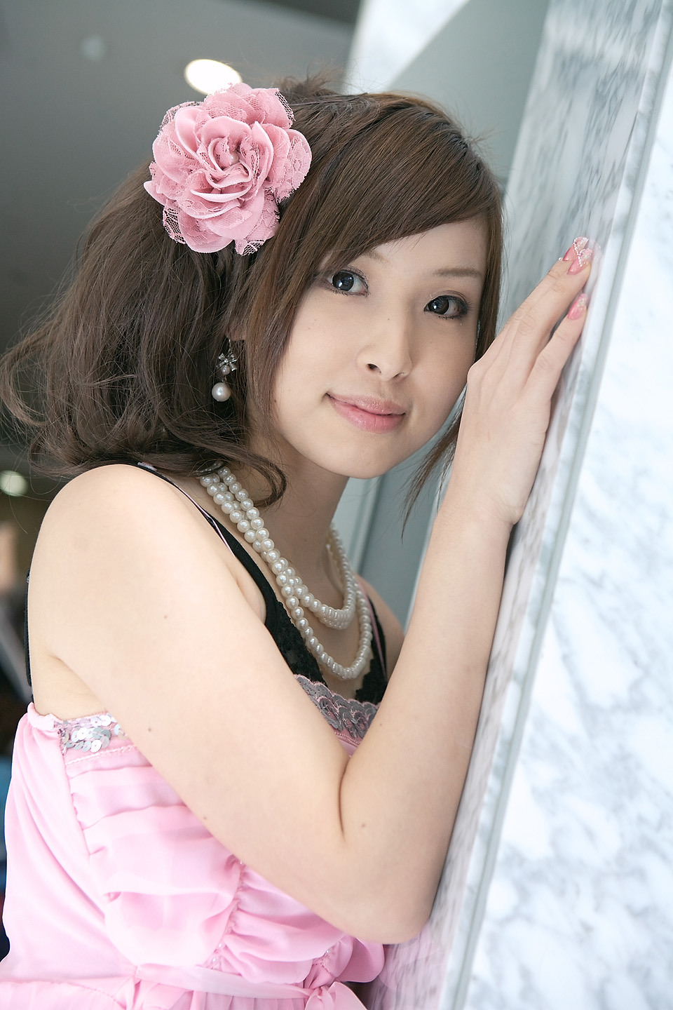 character request, highres, photo (medium), source request, bra, cosplay, dress, ebina yuki, flower, jewelry, lingerie, necklace, pearl necklace, underwear