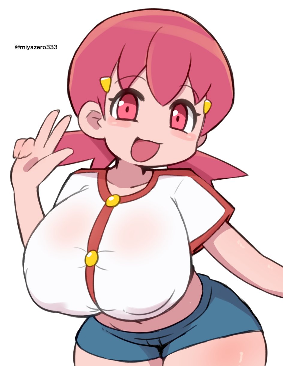 miyazero, whitney (pokemon), pokemon, pokemon gsc, 1girl, breasts, large breasts, pink eyes, pink hair, simple background, white background, whitney (pokemon) (cosplay)