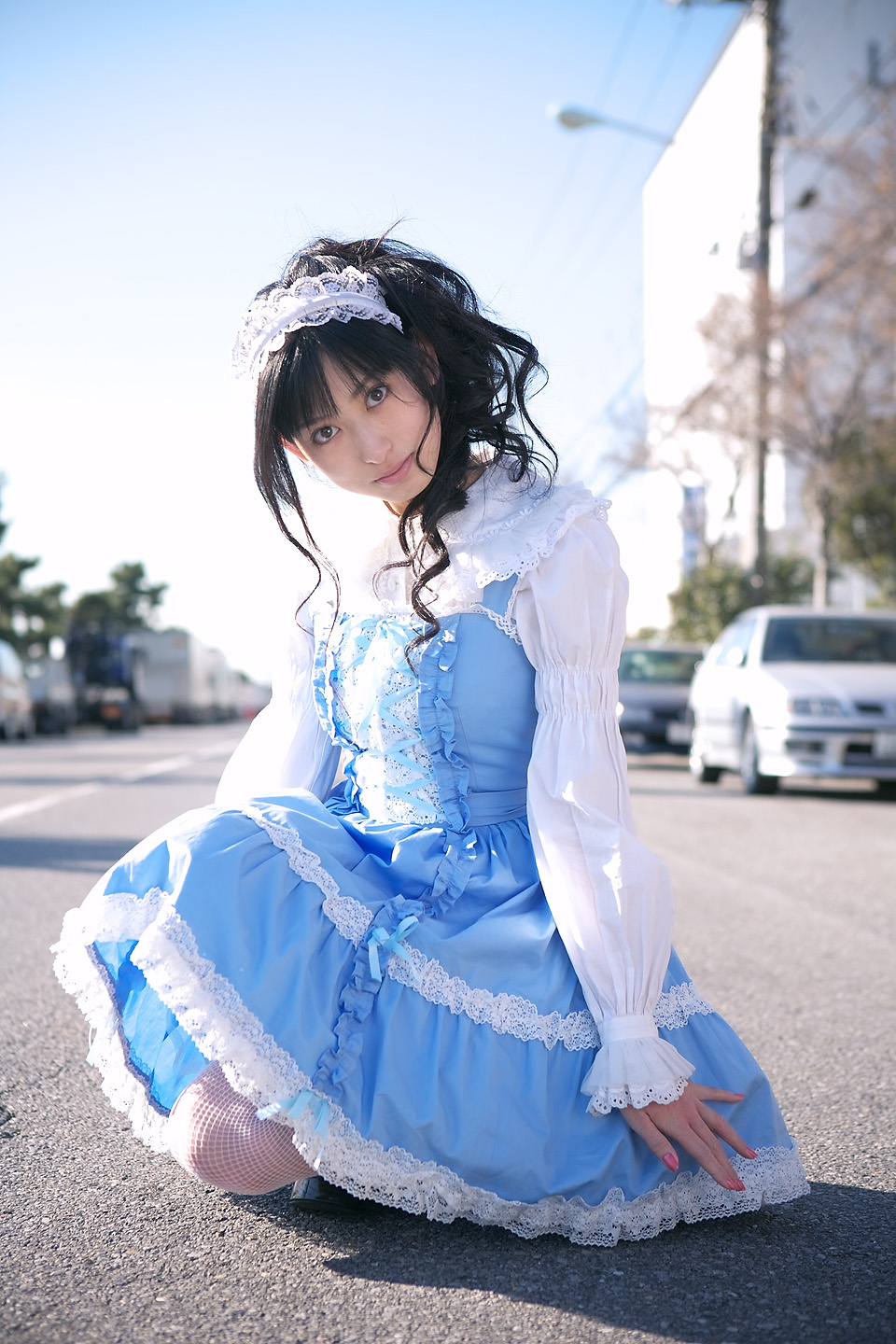 kawahara natsuki, fishnet legwear, highres, photo (medium), tagme, dress, fishnets, hairband