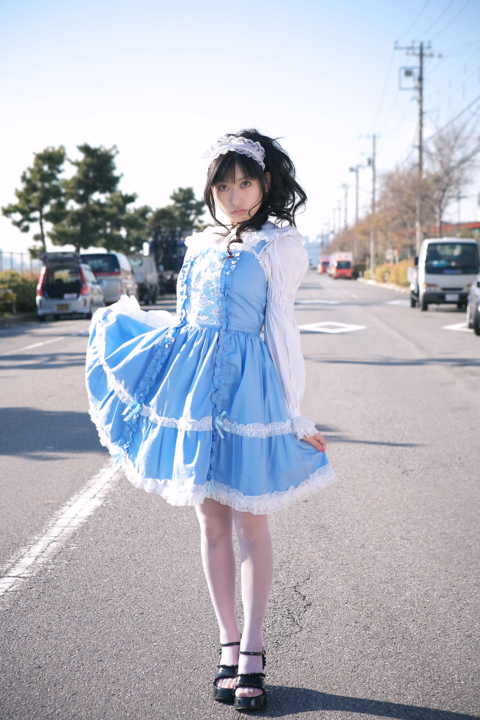 kawahara natsuki, fishnet legwear, highres, photo (medium), tagme, dress, fishnets, hairband