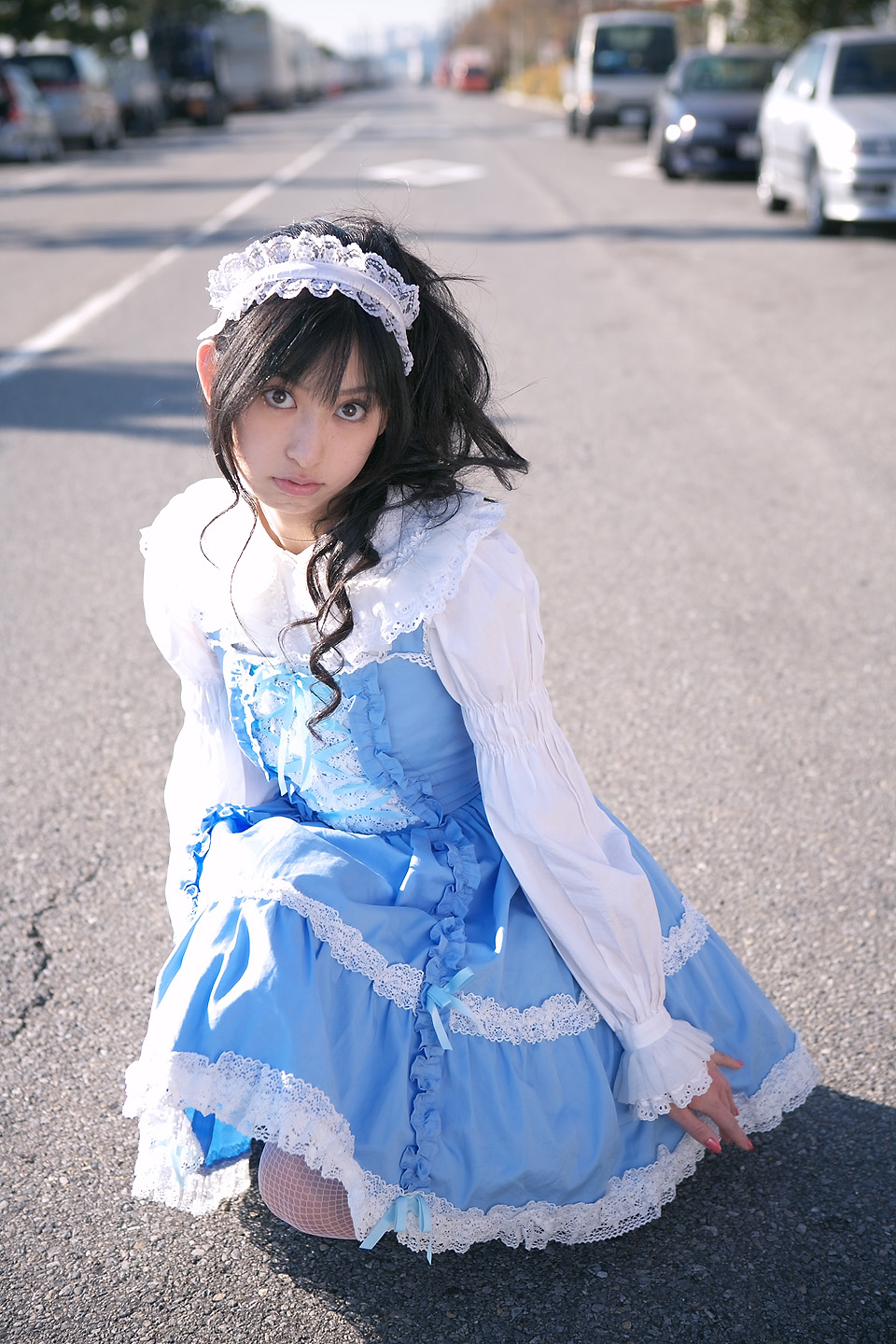 kawahara natsuki, fishnet legwear, highres, photo (medium), tagme, dress, fishnets, hairband