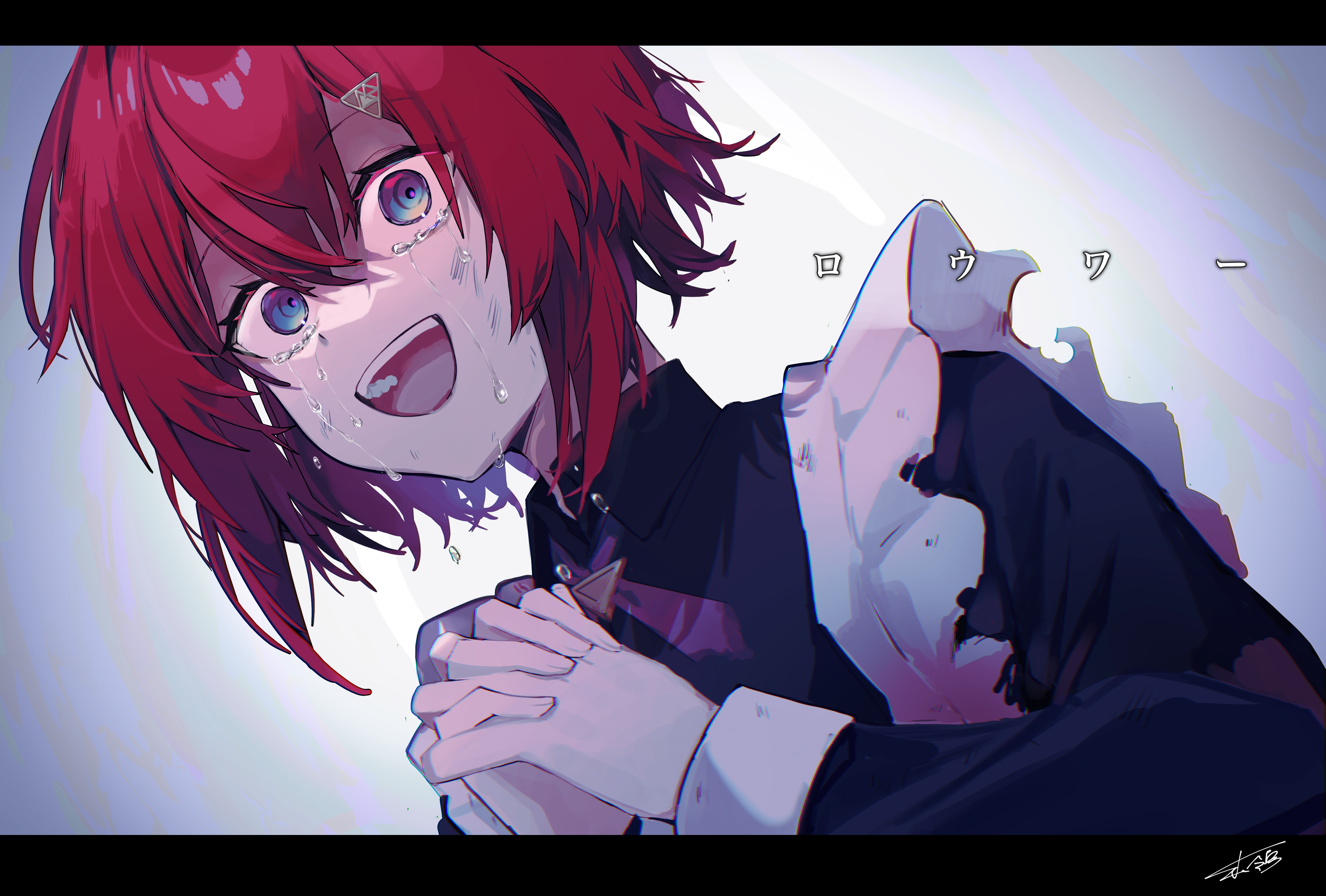 pepshi506, ange katrina, lower (vocaloid), nijisanji, absurdres, commentary request, highres, 1girl, :d, black shirt, blue eyes, collared shirt, crazy smile, cross tie, crying, dirty, dirty face, dutch angle, eyelashes, frills, gradient eyes, grey background, hair behind ear, hair ornament, hands up, interlocked fingers, letterboxed, long sleeves, looking ahead, multicolored eyes, official alternate costume, open mouth, own hands together, praying, purple eyes, red hair, shirt, short hair, signature, sleeve cuffs, smile, solo, song name, tears, teeth, torn clothes, triangle hair ornament, upper body, upper teeth only, virtual youtuber