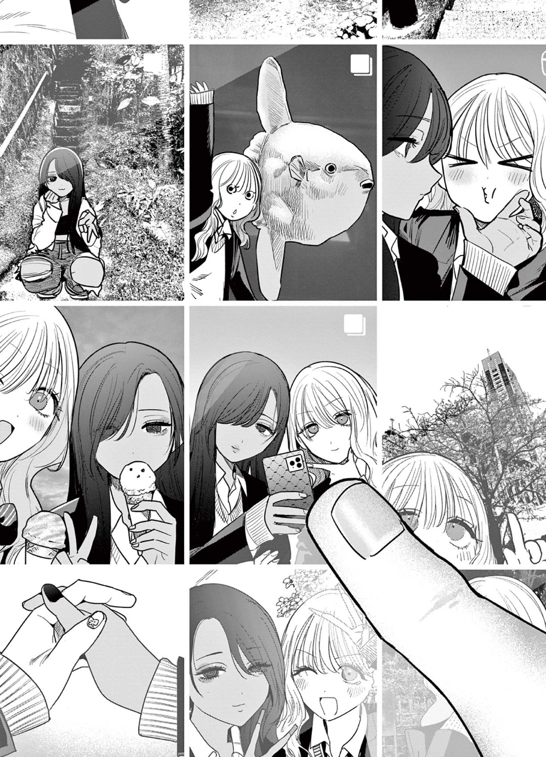 inoue koharu, instagram, original, commentary, hashtag-only commentary, highres, translation request, > <, 2girls, aquarium, blush, building, cellphone, cheek squash, dark-skinned female, dark skin, denim, female pov, fingernails, fish, food, greyscale, holding, holding food, holding hands, holding ice cream, holding phone, ice cream, ice cream cone, interlocked fingers, jeans, long fingernails, long hair, long sleeves, monochrome, multiple girls, one eye closed, pants, parted lips, phone, pov, school uniform, smartphone, smile, squatting, taooka yua, torn clothes, torn jeans, torn pants, v, watase reina, yuri
