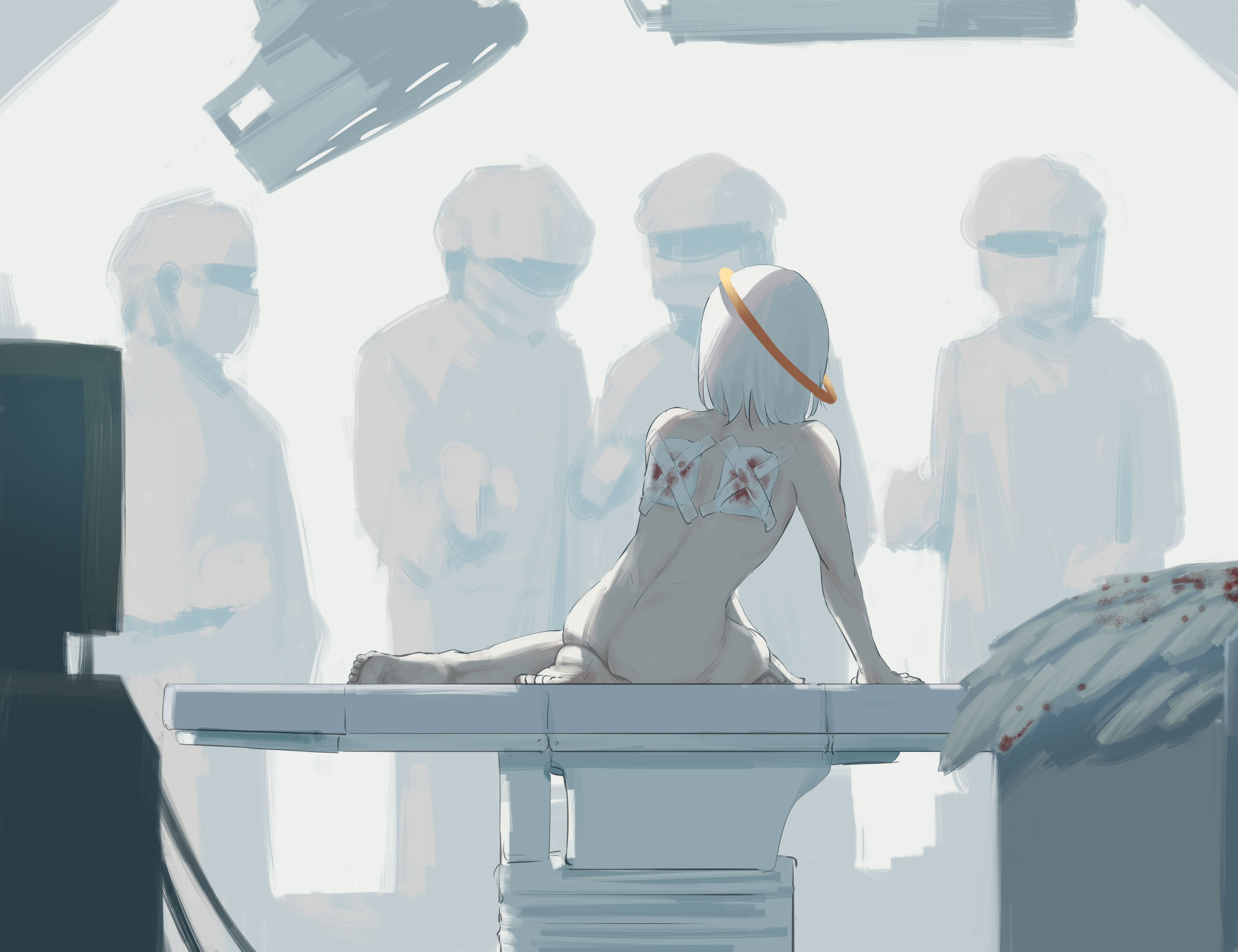 avogado6, original, absurdres, highres, 4others, angel, angel wings, bandages, blood, bloody bandages, fallen angel, halo, halo removed, medium hair, multiple others, nude, surgery, white hair, wings