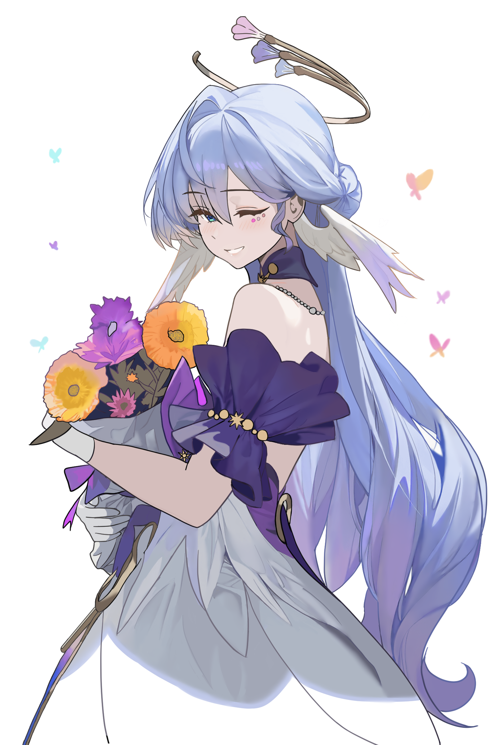 azaru33, robin (honkai: star rail), honkai: star rail, honkai (series), absurdres, highres, 1girl, aqua eyes, bare shoulders, blue hair, choker, cowboy shot, detached sleeves, dress, facial mark, gloves, grin, head wings, looking at viewer, one eye closed, purple choker, short sleeves, simple background, smile, solo, standing, white background, white dress, white gloves, wings