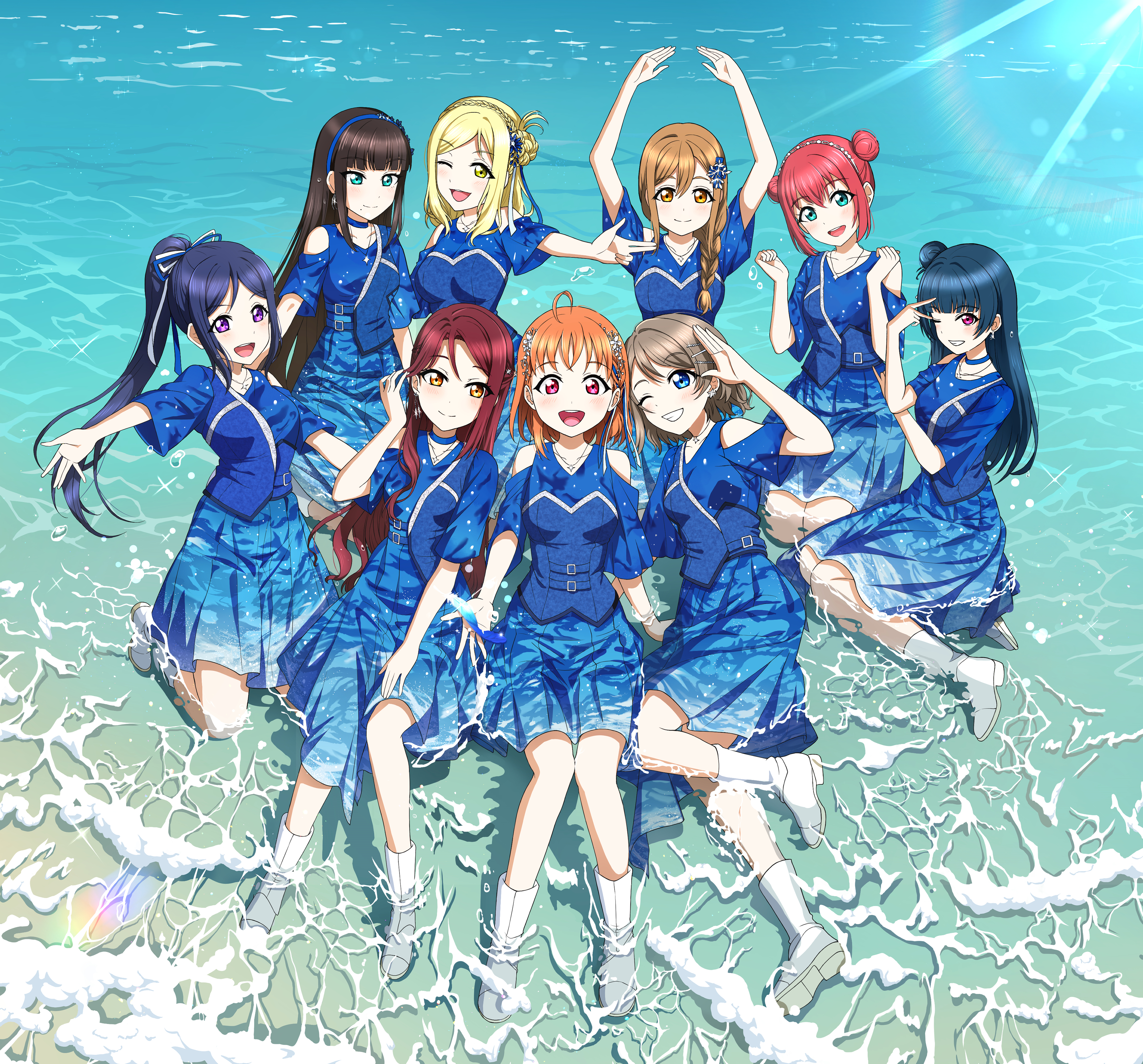 gingin0, kunikida hanamaru, kurosawa dia, kurosawa ruby, matsuura kanan, ohara mari, sakurauchi riko, takami chika, tsushima yoshiko, watanabe you, love live!, love live! sunshine!!, absurdres, highres, 6+girls, :d, ;d, adjusting hair, aqours finale lovelive! ~eikyuu stage~, arms up, blonde hair, blue bustier, blue eyes, blue hair, blue hairband, blue ribbon, blue shirt, blue skirt, boots, braid, braided ponytail, brown hair, bustier, clothing cutout, collarbone, crown braid, day, double bun, floating hair, full body, green eyes, hair bun, hair over shoulder, hair ribbon, hairband, head tilt, kneeling, long hair, looking at viewer, miniskirt, multiple girls, one eye closed, open mouth, orange eyes, outdoors, outstretched arm, pleated skirt, ponytail, purple eyes, red eyes, red hair, ribbon, shirt, short hair, short sleeves, shoulder cutout, sitting, skirt, smile, summer, very long hair, white boots, white ribbon, yellow eyes
