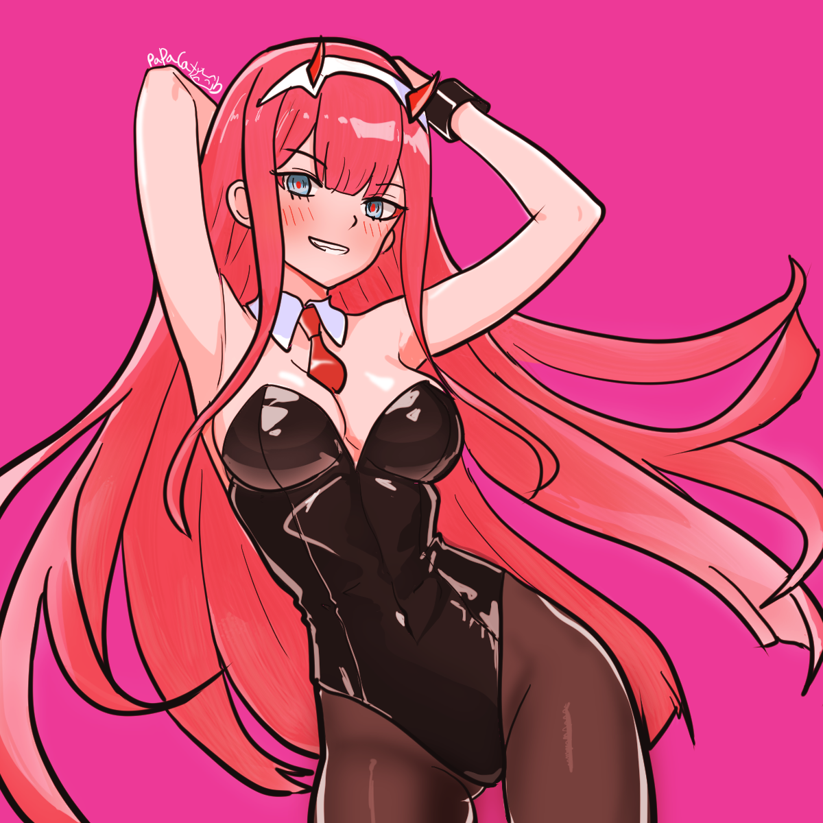 papacat, zero two (darling in the franxx), darling in the franxx, highres, 1girl, armpits, black leotard, black pantyhose, blue eyes, breasts, cleavage, contrapposto, covered navel, detached collar, floating hair, hairband, horns, leotard, long hair, looking at viewer, medium breasts, necktie, pantyhose, pink background, red hair, red necktie, red pupils, short necktie, signature, simple background, solo, strapless, strapless leotard, very long hair, white hairband