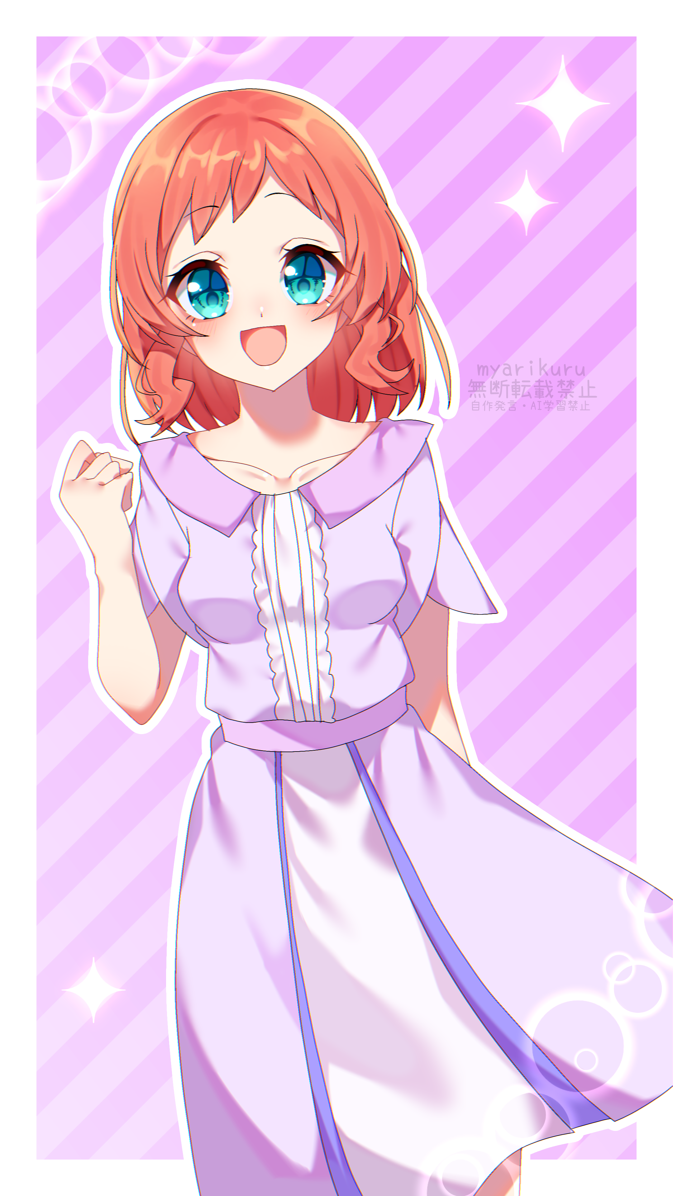 myarikuru, inukai iroha, precure, wonderful precure!, absurdres, highres, 1girl, :d, arms behind back, artist name, blue eyes, collarbone, diagonal-striped background, dress, long dress, long hair, open mouth, outline, pleated dress, purple background, purple dress, red hair, smile, solo, standing, striped background, watermark, white outline