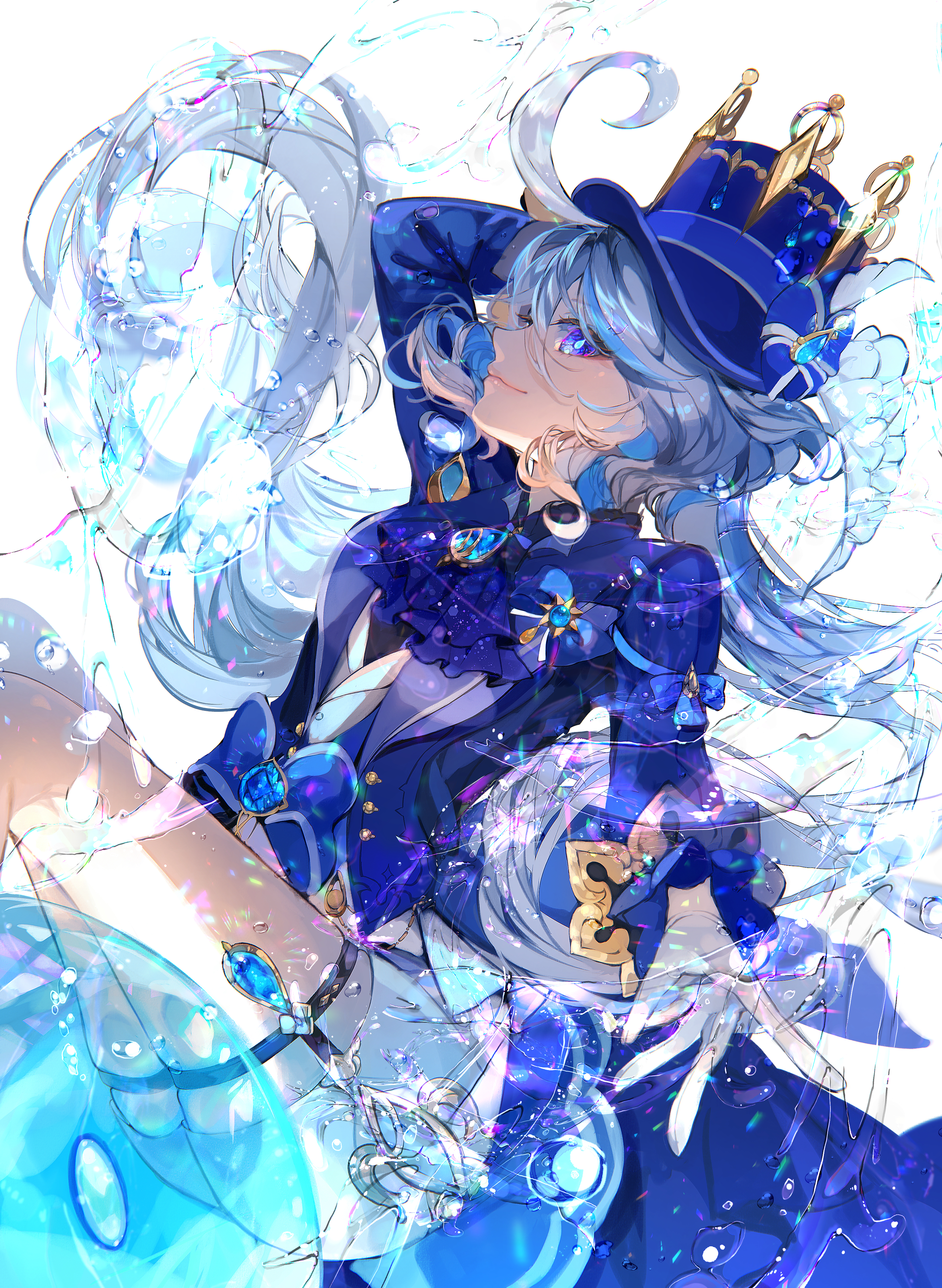 mira hidume, furina (genshin impact), genshin impact, absurdres, highres, 1girl, arm up, blue eyes, blue hat, blue jacket, closed mouth, drop-shaped pupils, floating hair, gloves, grey hair, hair between eyes, hat, jacket, long hair, long sleeves, profile, short shorts, shorts, smile, solo, symbol-shaped pupils, very long hair, white gloves, white shorts
