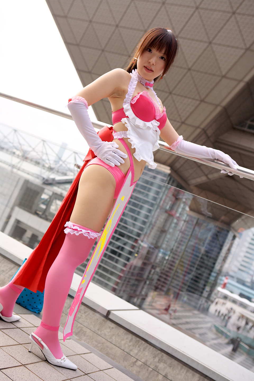 rayu, tsubomi, lingerie senshi papillon rose, highres, photo (medium), apron, bra, cosplay, elbow gloves, gloves, lingerie, panties, thighhighs, underwear