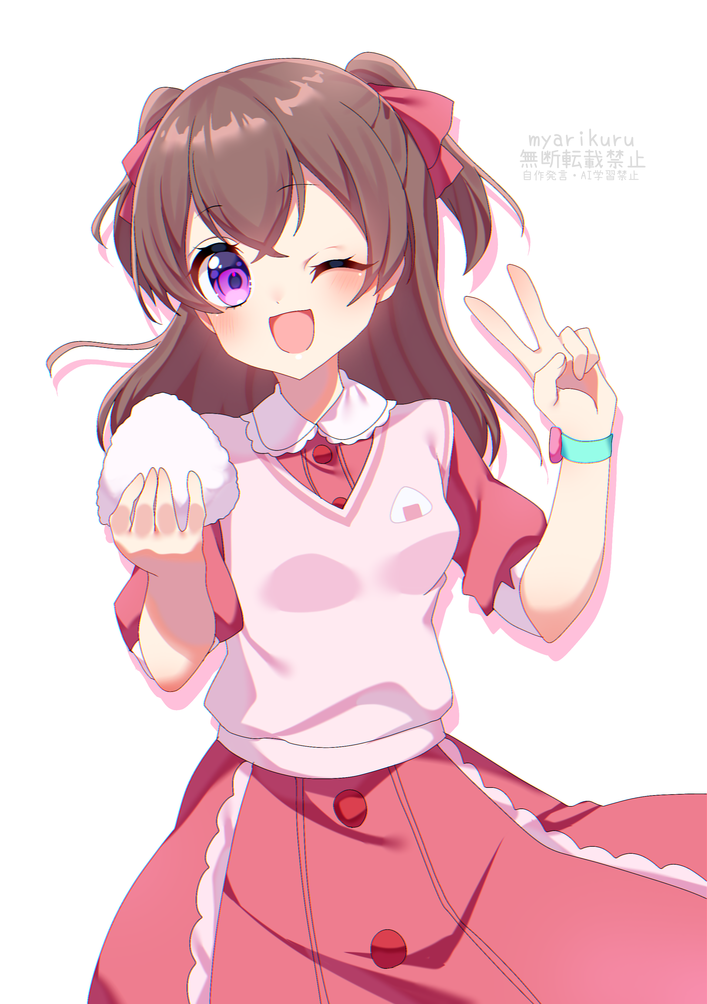 myarikuru, nagomi yui, delicious party precure, precure, absurdres, highres, 1girl, ;d, artist name, bow, brown hair, cowboy shot, dress, food, food print, hair bow, holding, holding food, long dress, long hair, looking at viewer, one eye closed, onigiri, onigiri print, open mouth, pinafore dress, pink sweater vest, print vest, purple eyes, red bow, red dress, sleeveless, sleeveless dress, smile, solo, standing, sweater vest, twintails, v, watermark, white background