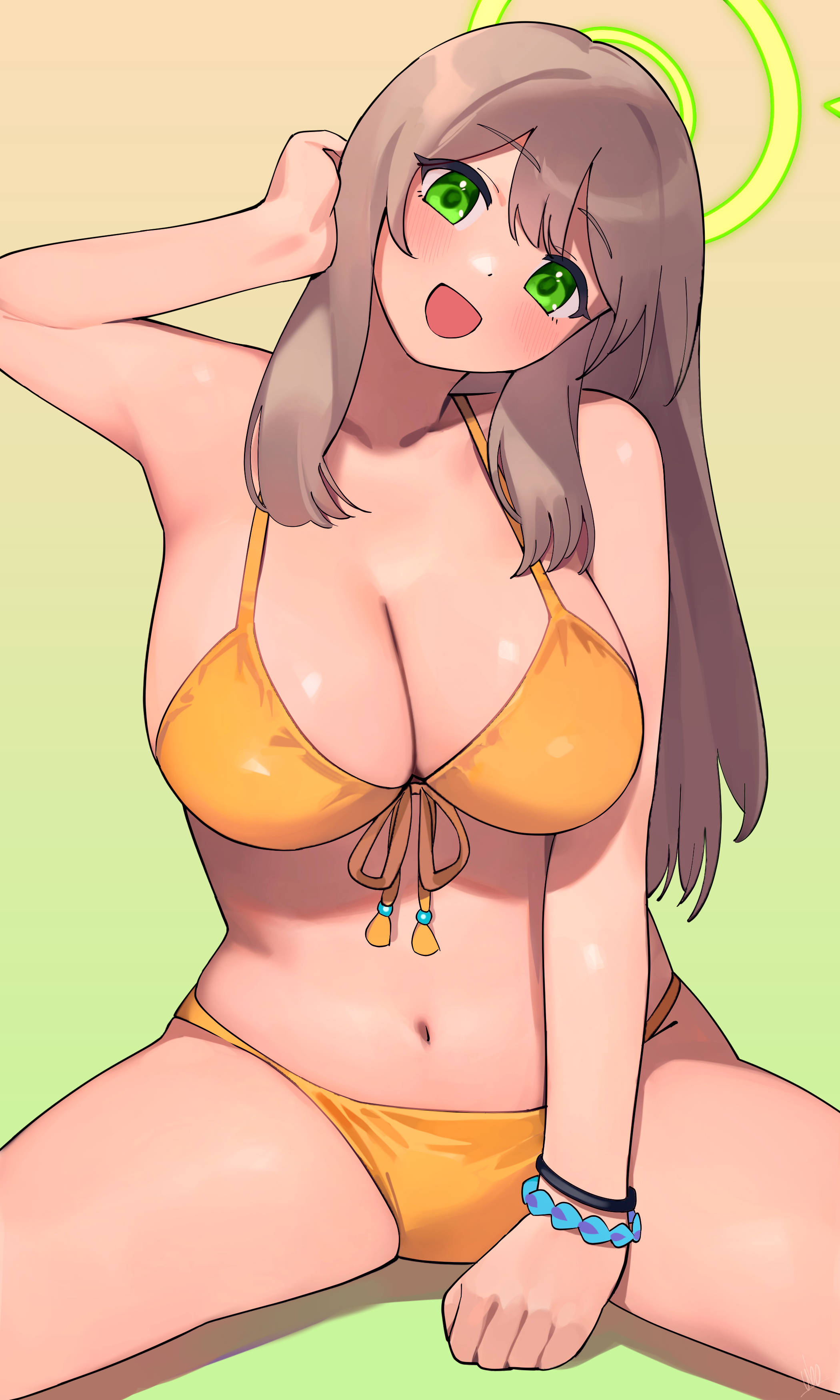 ubo (ubo tales), nonomi (blue archive), nonomi (swimsuit) (blue archive), blue archive, absurdres, commentary request, highres, 1girl, bikini, blush, breasts, brown hair, cleavage, green background, green eyes, green halo, halo, large breasts, long hair, looking at viewer, official alternate costume, open mouth, simple background, smile, solo, swimsuit, thighs, yellow bikini