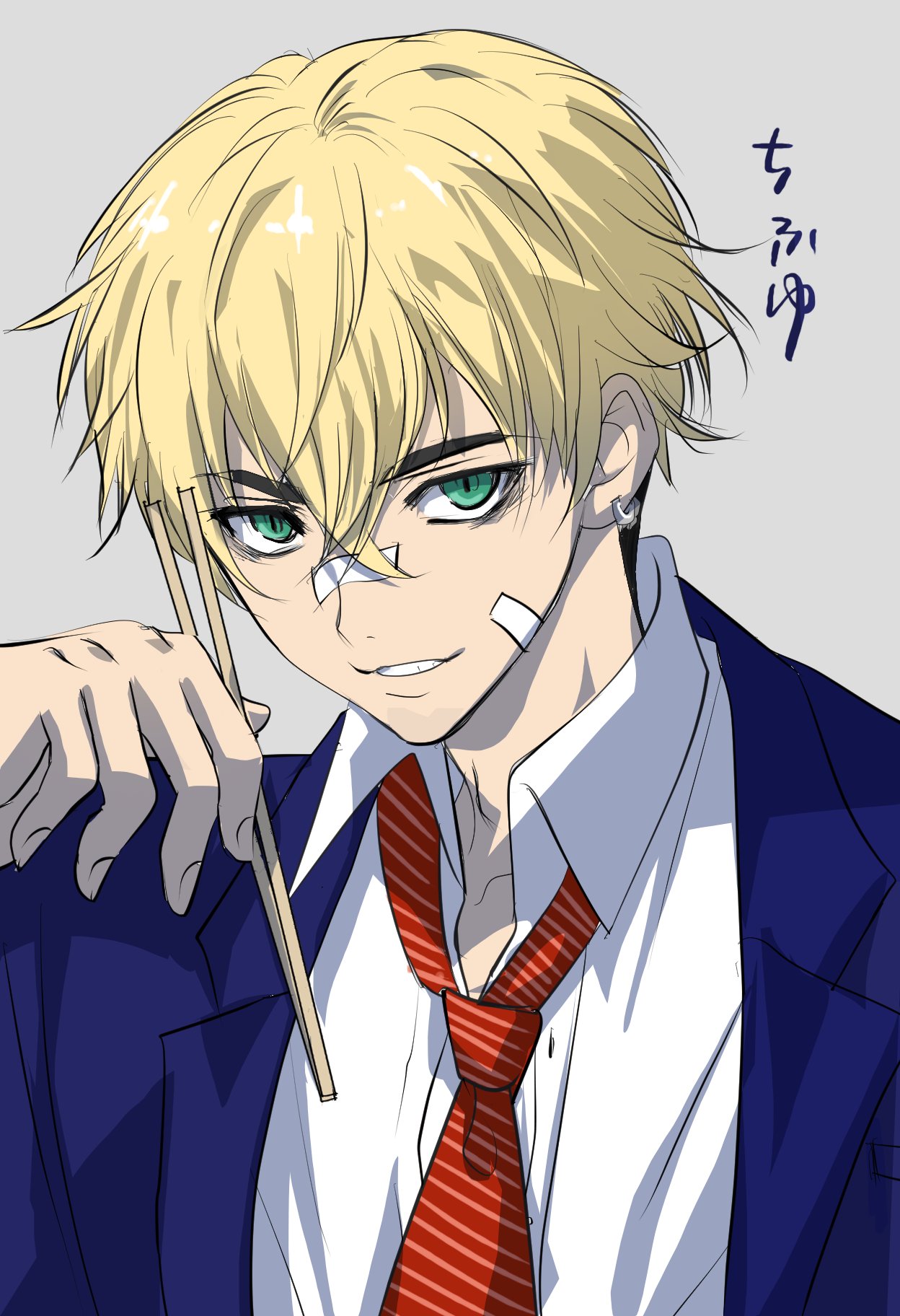 howahowa, matsuno chifuyu, tokyo revengers, highres, translation request, 1boy, blonde hair, blue jacket, chopsticks, collared shirt, earrings, green eyes, grin, holding, holding chopsticks, jacket, jewelry, male focus, necktie, open clothes, open jacket, red necktie, shirt, short hair, smile, solo, striped necktie, teeth, white shirt