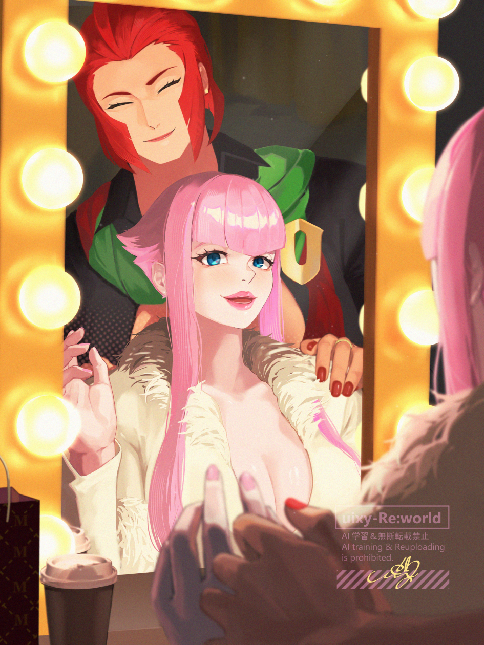 uixy, manon legrand, marisa (street fighter), street fighter, street fighter 6, highres, blue eyes, breasts, hand on another's shoulder, looking at mirror, marquee lights, mirror, official alternate costume, official alternate hairstyle, pink hair, pink lips, pink nails, red hair, red nails, scarf, short hair with long locks, smile, table, vanity table