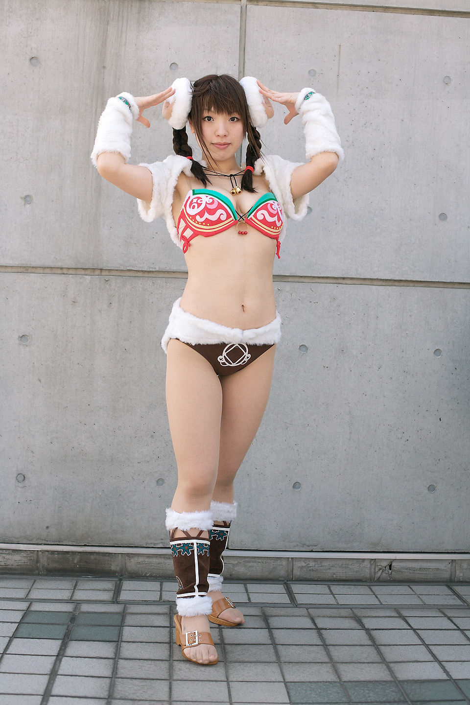 rayu, aigle, rumble roses, highres, photo (medium), 1girl, asian, bell, bra, braid, cosplay, female focus, horns, lingerie, looking at viewer, sheep horns, solo, twin braids, underwear