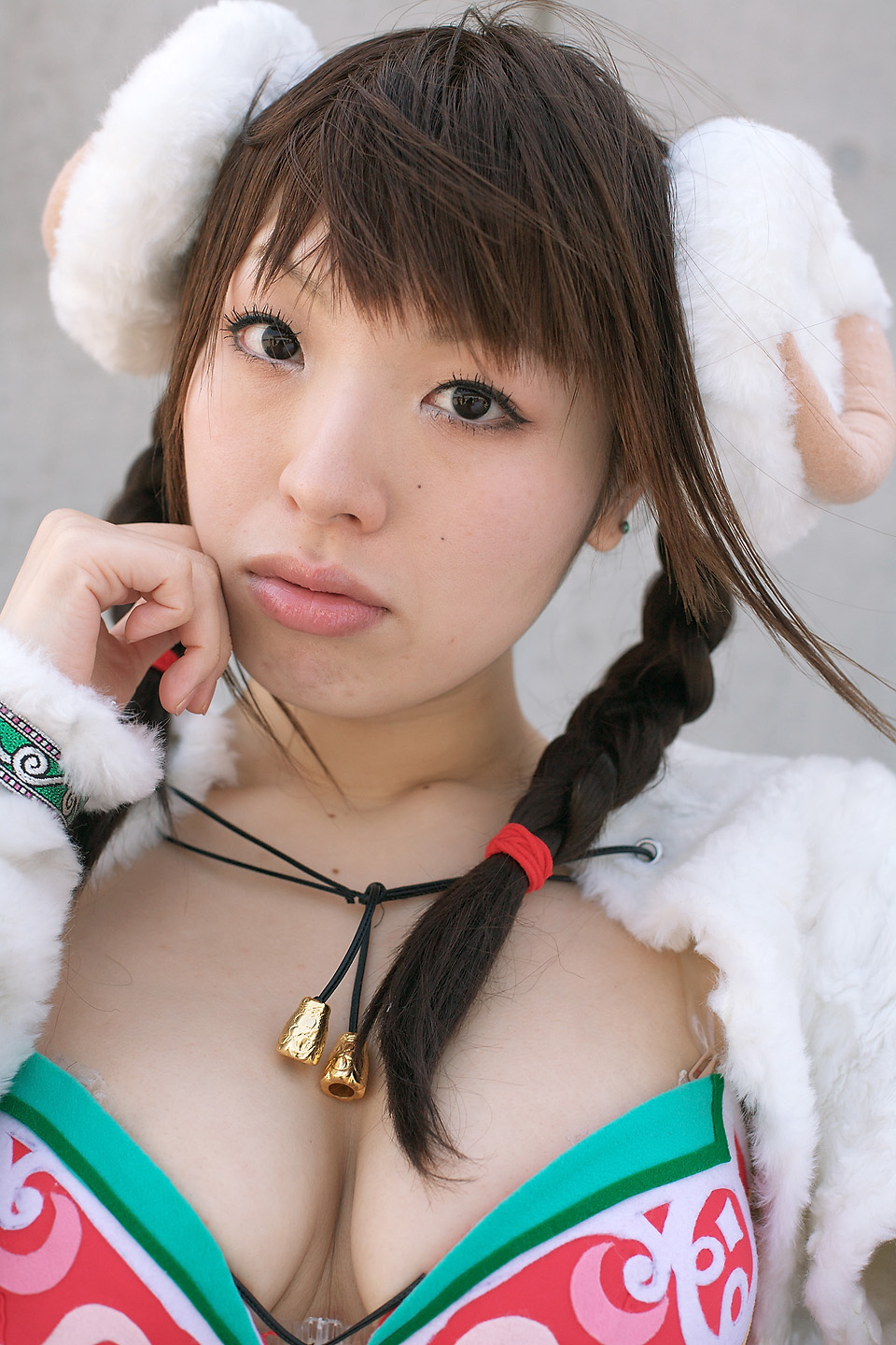rayu, aigle, rumble roses, highres, photo (medium), 1girl, asian, bell, bra, braid, cosplay, female focus, horns, lingerie, looking at viewer, sheep horns, solo, twin braids, underwear