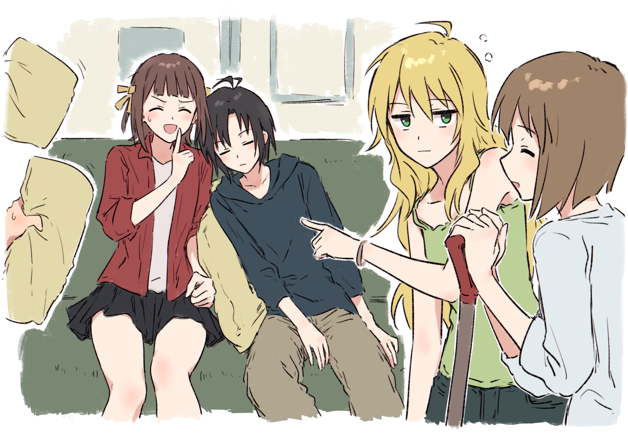 bullfalk, amami haruka, hagiwara yukiho, hoshii miki, kikuchi makoto, idolmaster, idolmaster (classic), highres, 4girls, ahoge, antenna hair, black hair, black skirt, blonde hair, blue hoodie, blunt bangs, blunt ends, blush, bracelet, brown hair, brown pants, closed eyes, couch, denim, finger to mouth, furrowed brow, green eyes, green shirt, hair ribbon, holding, holding pillow, hood, hoodie, jacket, jeans, jewelry, leaning on person, leaning to the side, long hair, long sleeves, medium hair, miniskirt, multiple girls, on couch, open mouth, out of frame, pants, pillow, pink shirt, pointing, pointing at another, red jacket, ribbon, shirt, short hair, shushing, sitting, skirt, sleeping, sleepy, smile, spaghetti strap, sweatdrop, thighs, wavy hair, white shirt, yellow ribbon