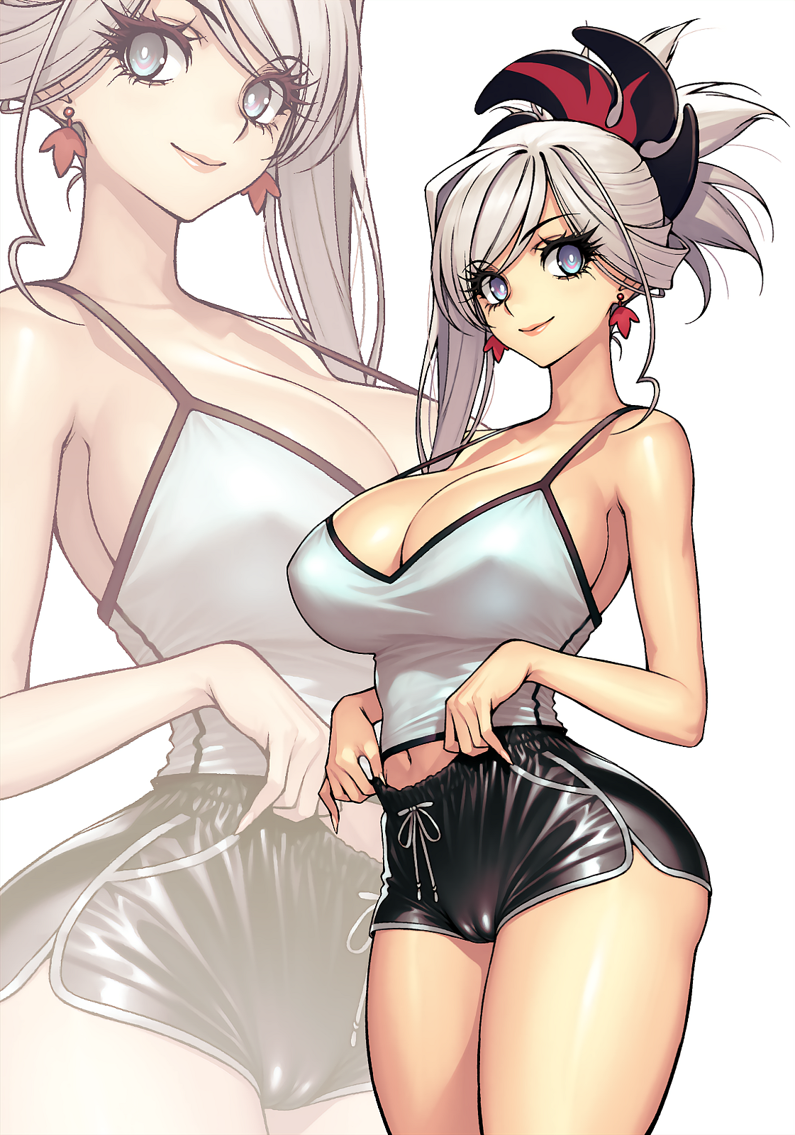 dynamitenatalia, miyamoto musashi (fate), fate/grand order, fate (series), highres, 1girl, bare shoulders, black shorts, blue camisole, blue eyes, blush, breasts, brown camisole, camisole, cleavage, dolphin shorts, drawstring, earrings, grey hair, hair ornament, huge breasts, jewelry, long hair, looking at viewer, navel, ponytail, shiny clothes, short shorts, shorts, smile, swept bangs, thighs, two-tone camisole, white camisole, zoom layer